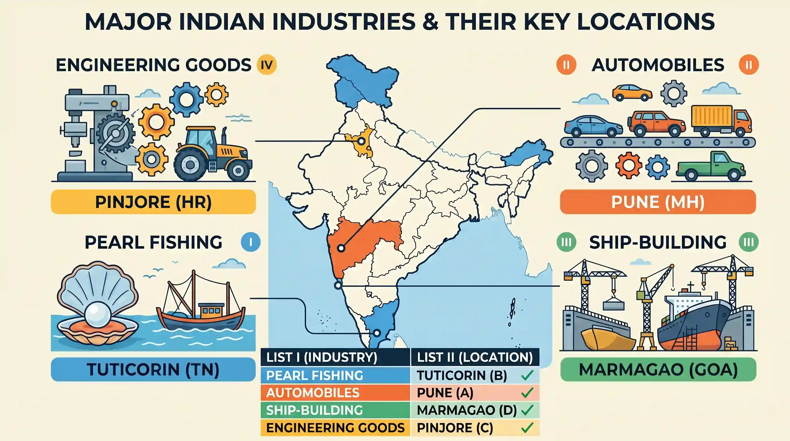geography: Match List I with List II and select the correct answer using the codes given below the Lists: List I (Industries) List