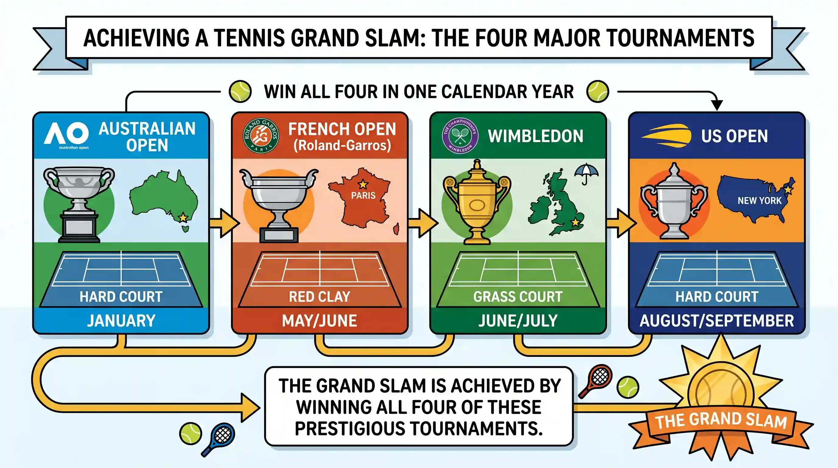 art-and-culture: In order to win the Grand Slam in Tennis, a player must win which one of the following groups of tournaments?