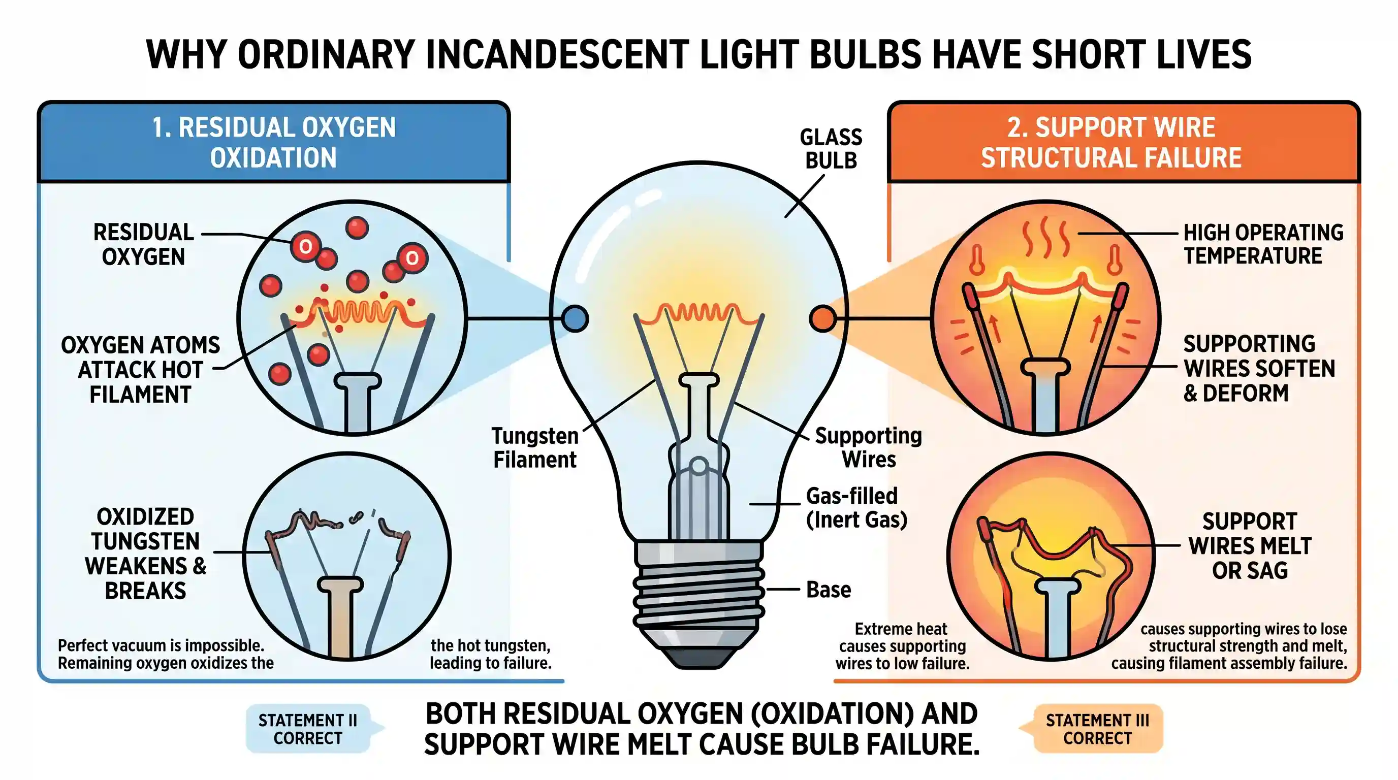 science-and-technology: Consider the following statement: An ordinary light bulb has a rather short life because the I. filament wire is not uni