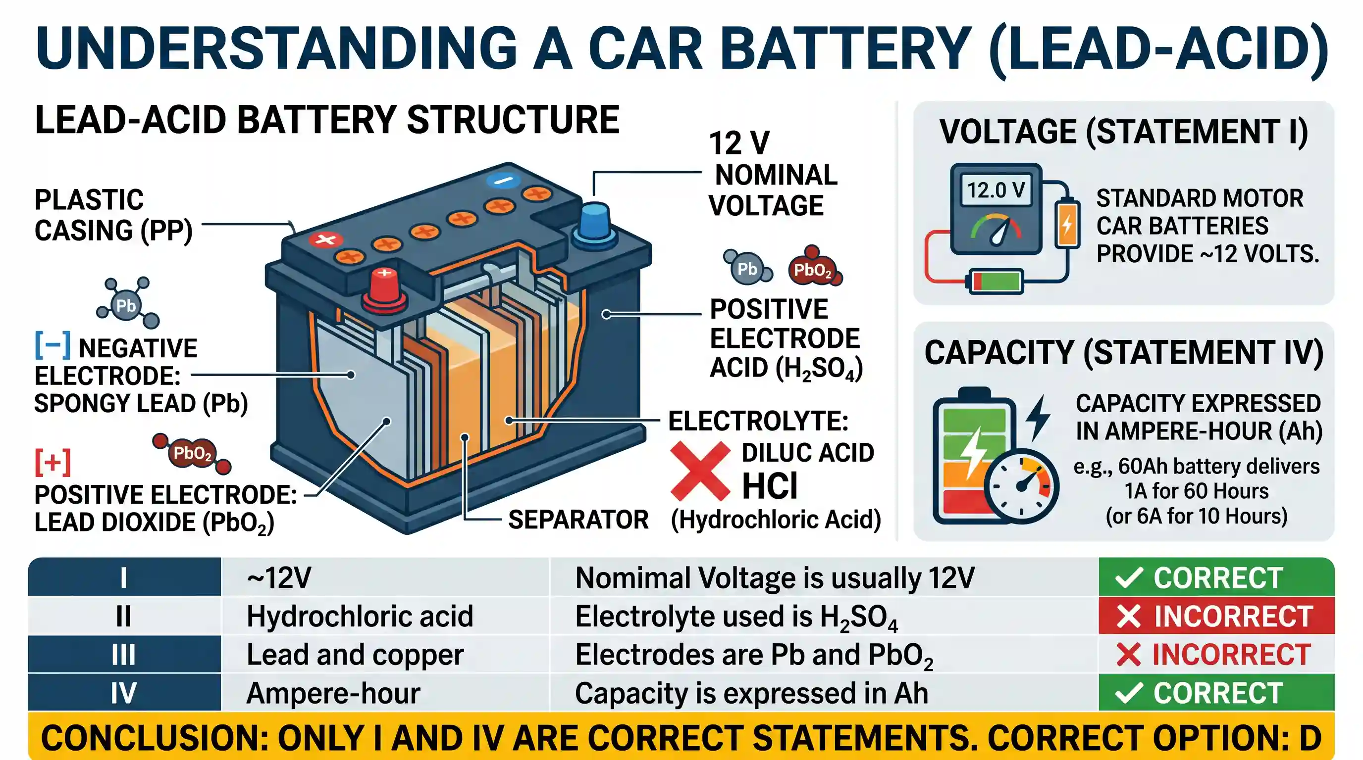 science-and-technology: Consider the following statements regarding a motor car battery: I. The voltage is usually 12 V. II. Electrolyte used is
