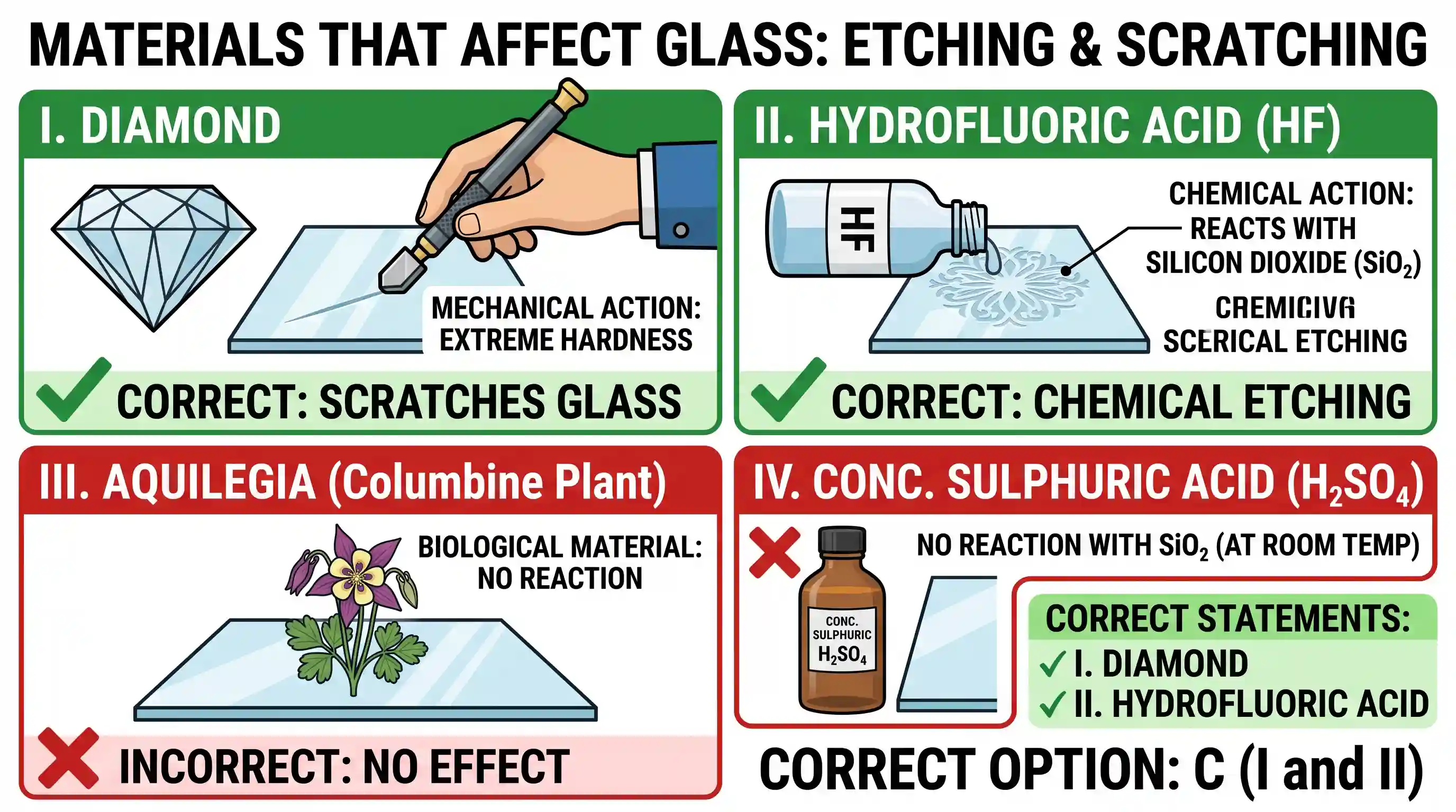 science-and-technology: Consider the following statements: Glass can be etched or scratched by I. diamond. II. hydrofluoric acid. III. aquilegia