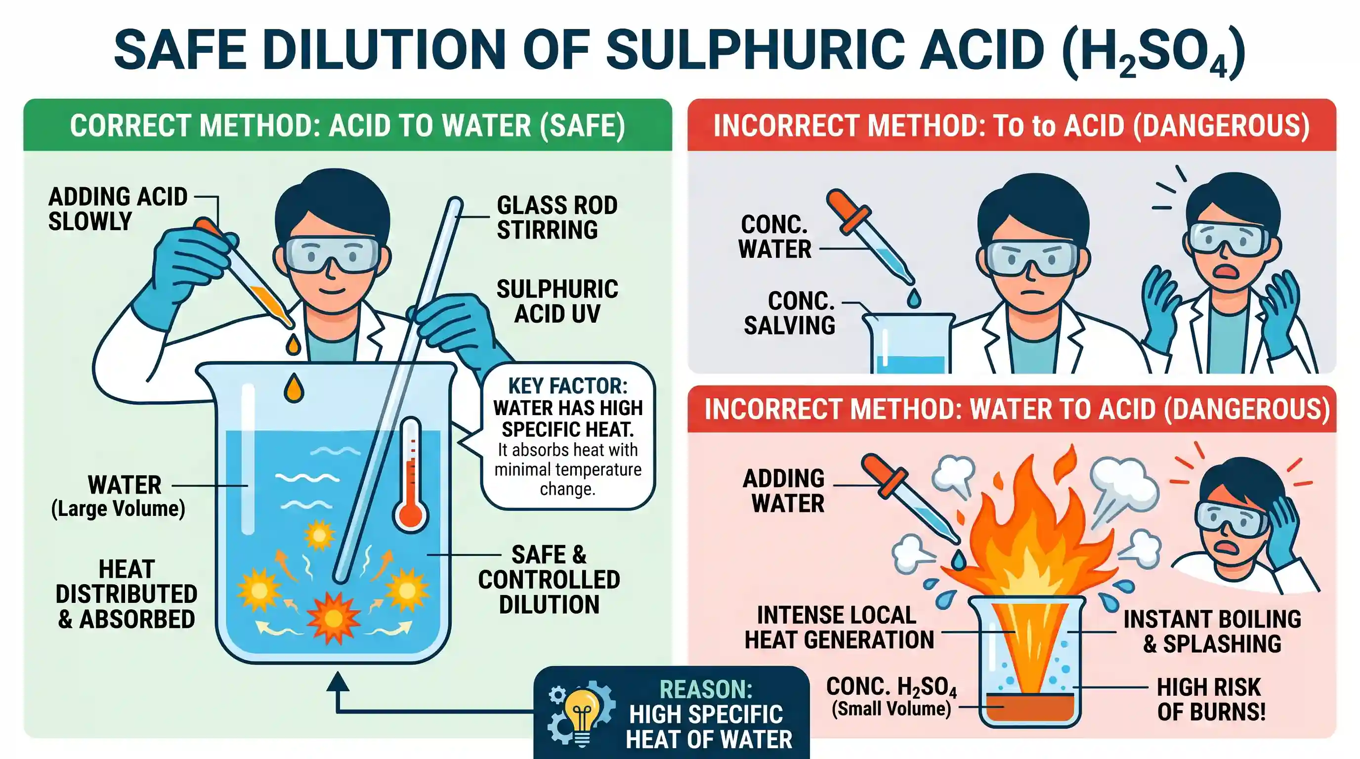 science-and-technology: Assertion (A): To dilute sulphuric acid, acid is added to water and not water to acid. Reason (R): Specific heat of wate