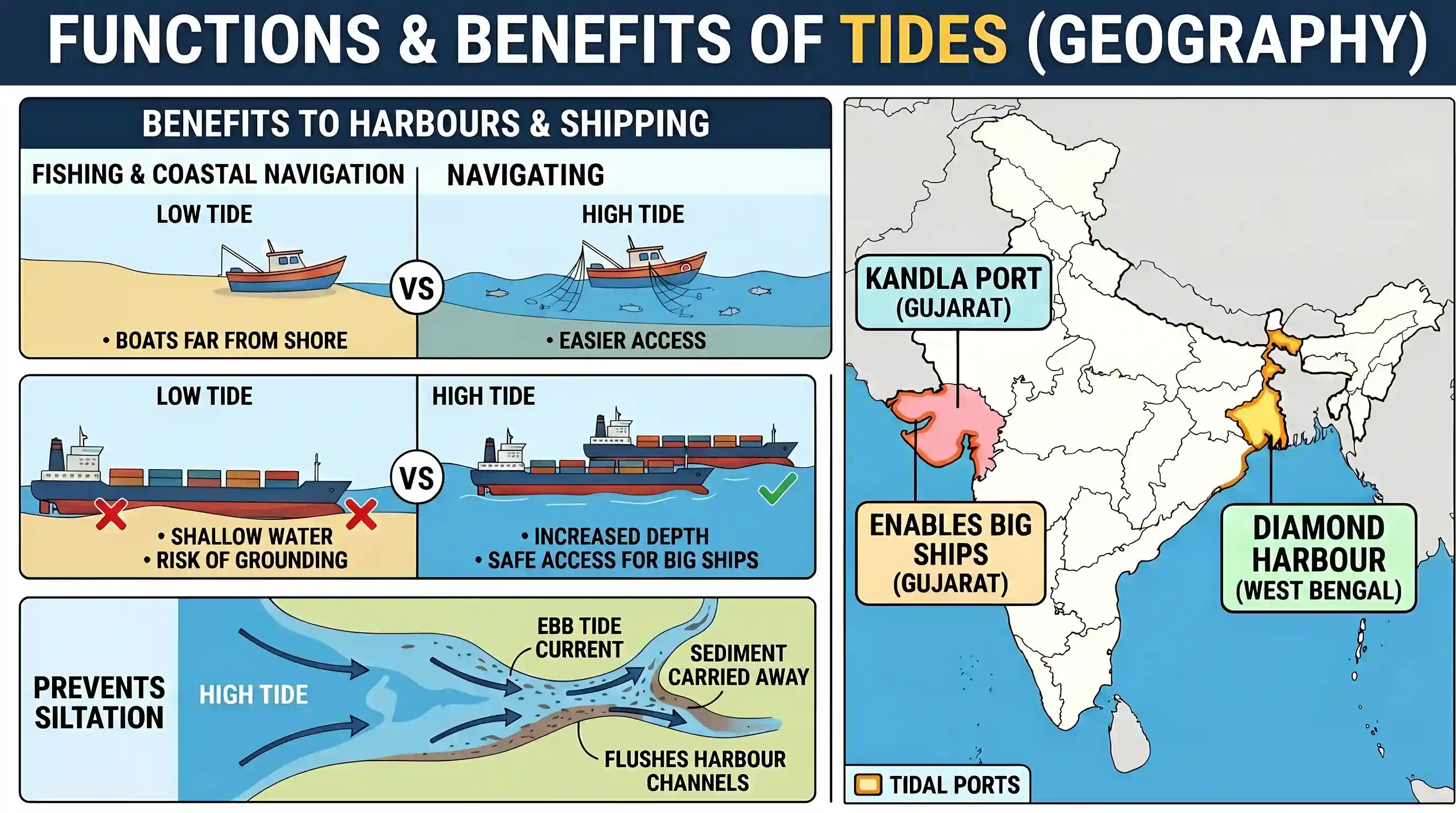geography: Consider the following statements: I. Tides are of great help in navigation and fishing. II. High tide enables big ships