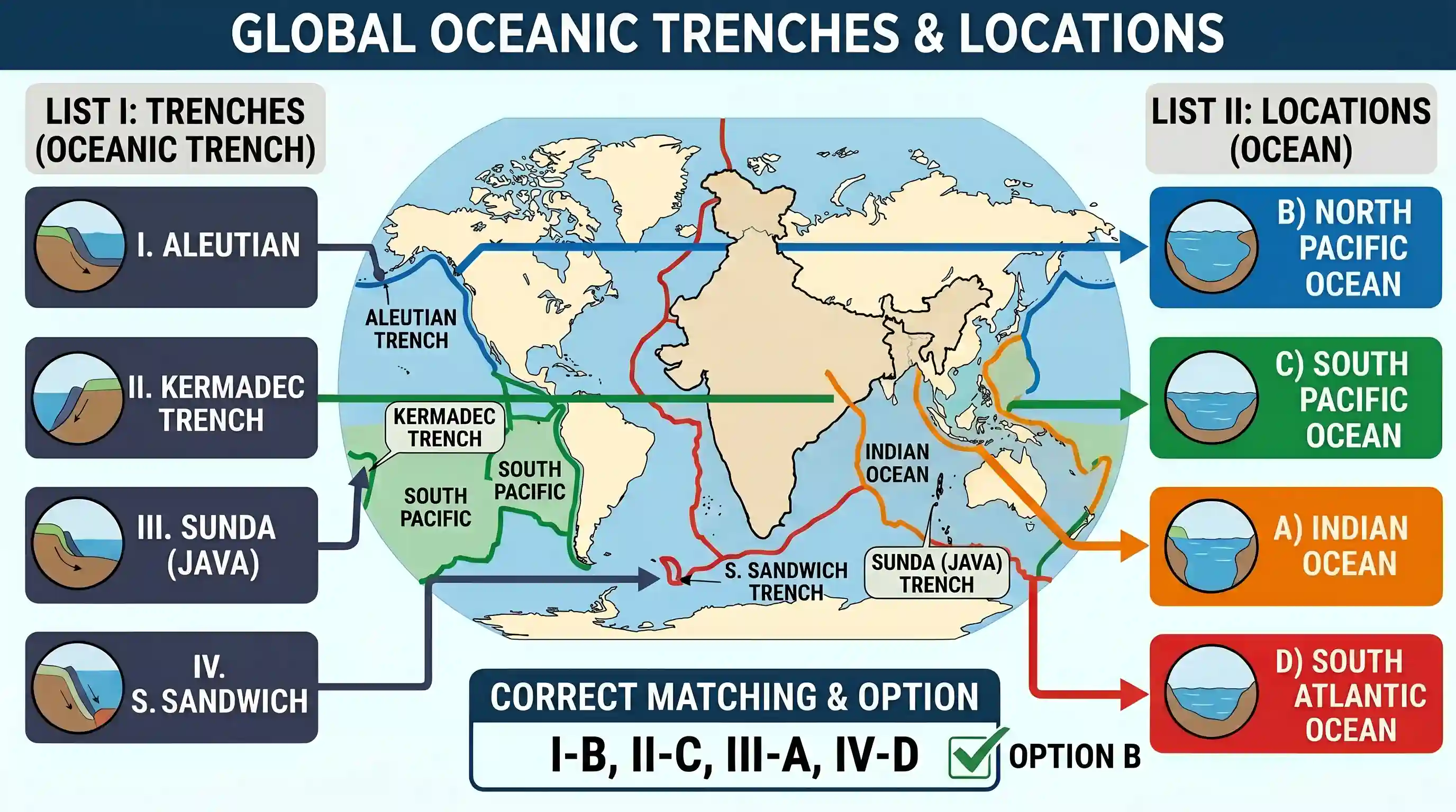 geography: Match List I with List II and select the correct answer using the codes given below the Lists: List I (Oceanic Trench) (