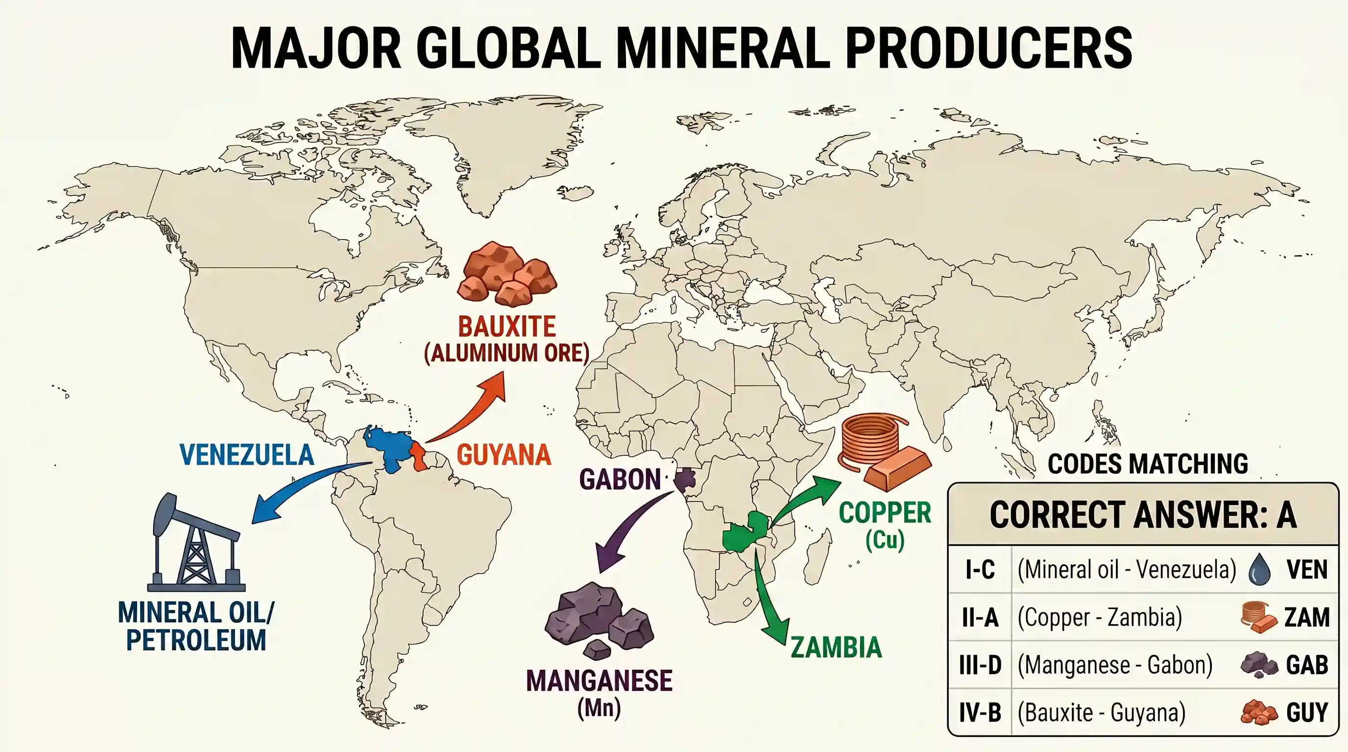 geography: Match List I with List II and select the correct answer using the codes given below the Lists: List I (Minerals) I. Mine