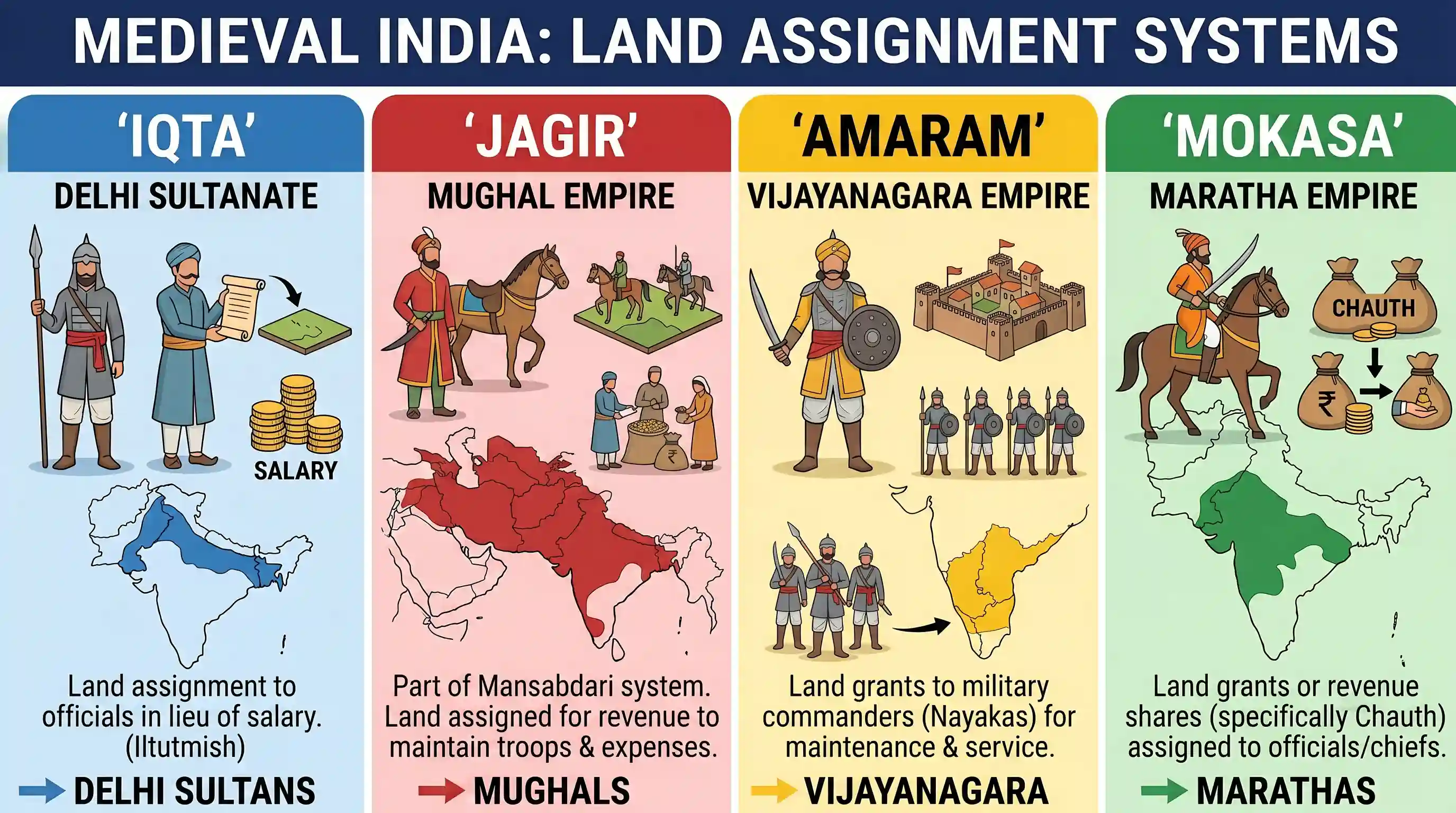 history: Match List I with List II and select the correct answer using the codes given below the Lists: List I I. Iqta A) Maratha