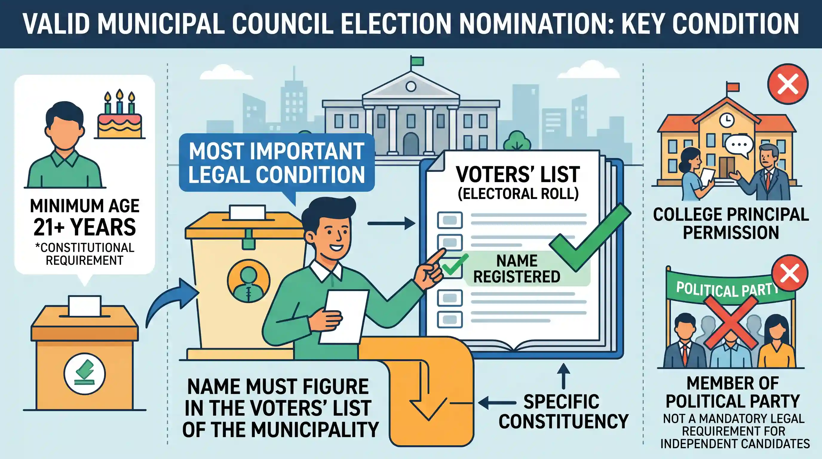 polity-and-governance: A college student desires to get elected to the Municipal Council of his city. The validity of his nomination would depe