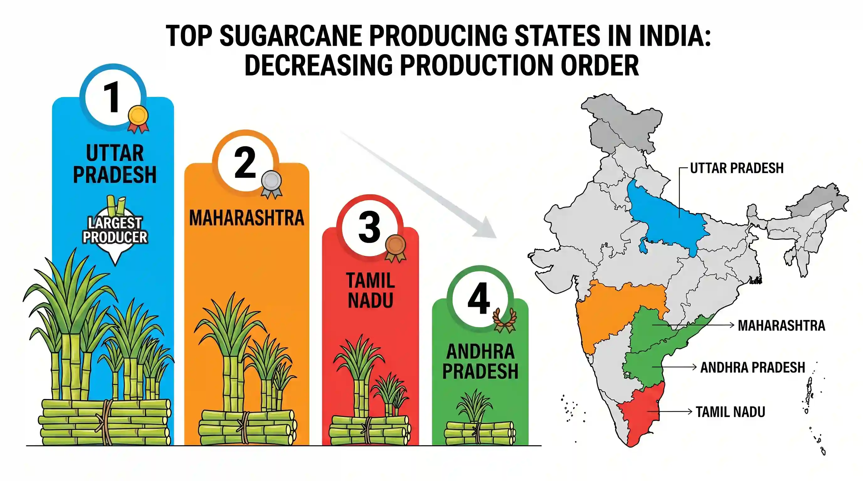 geography: The correct sequence in decreasing order of the four sugarcane producing States in India is
