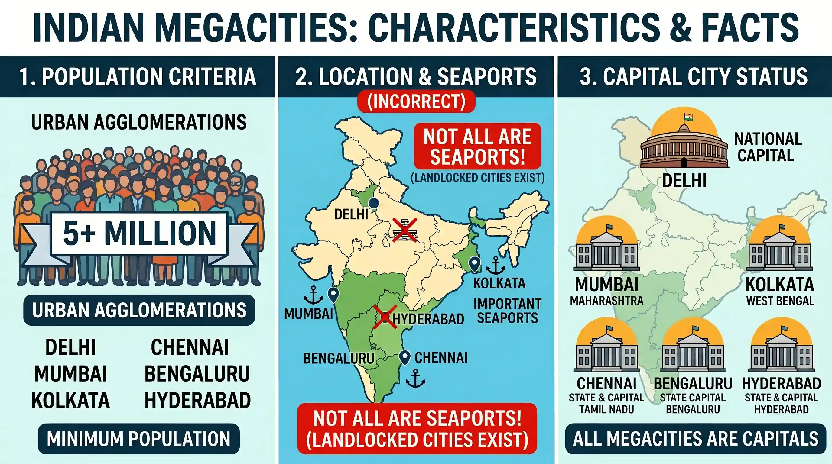 geography: Consider the following statements about the megacities of India: I. Population of each megacity is more than 5 million.
