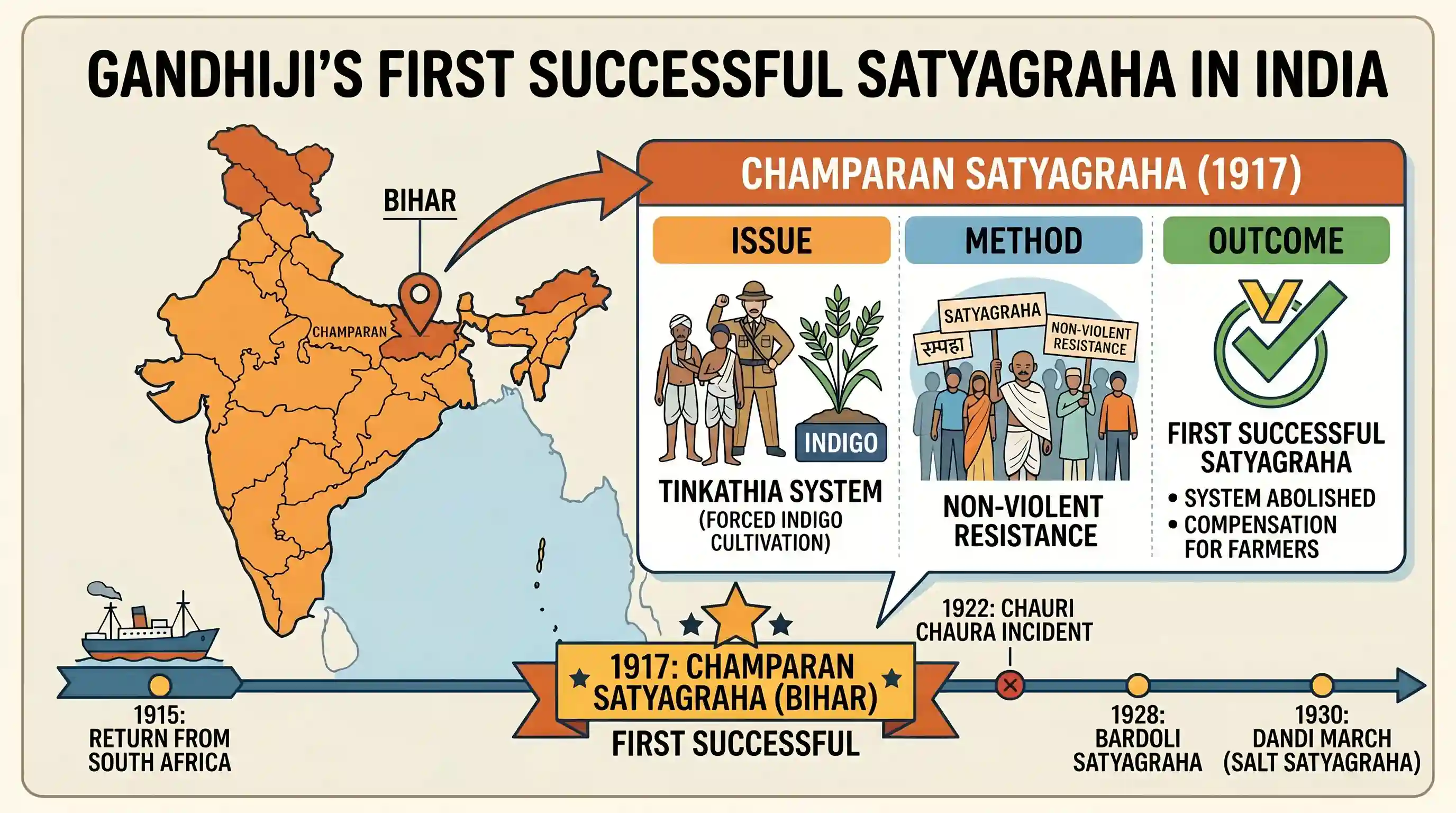 history: After returning from South Africa, Gandhiji launched his first successful Satyagraha in