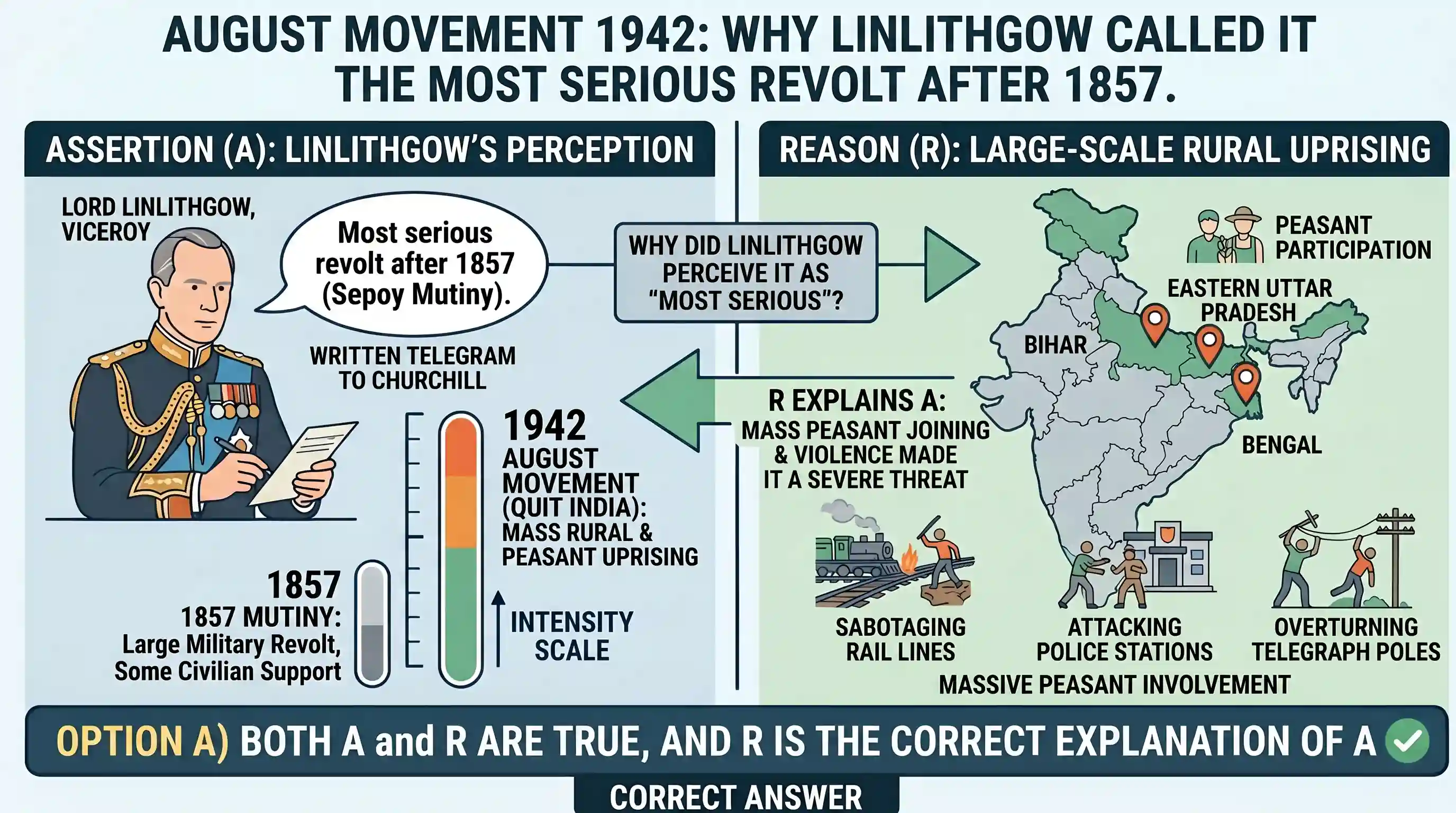 history: Assertion (A): Lord Linlithgow described the August Movement of 1942 as the most serious revolt after the Sepoy mutiny.
