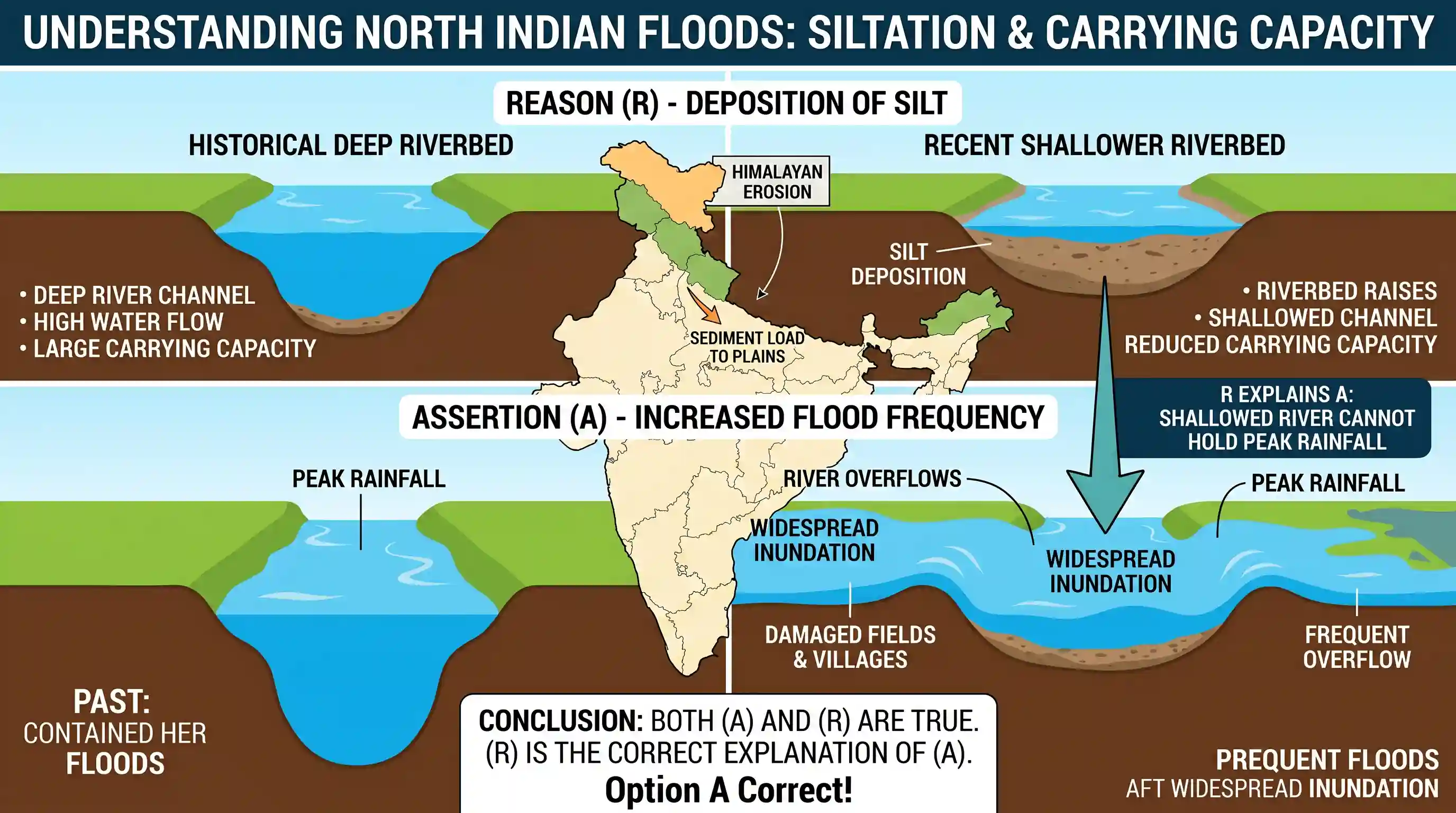 geography: Assertion (A): The frequency of floods in North Indian plains has increased during the last couple of decades. Reason (R