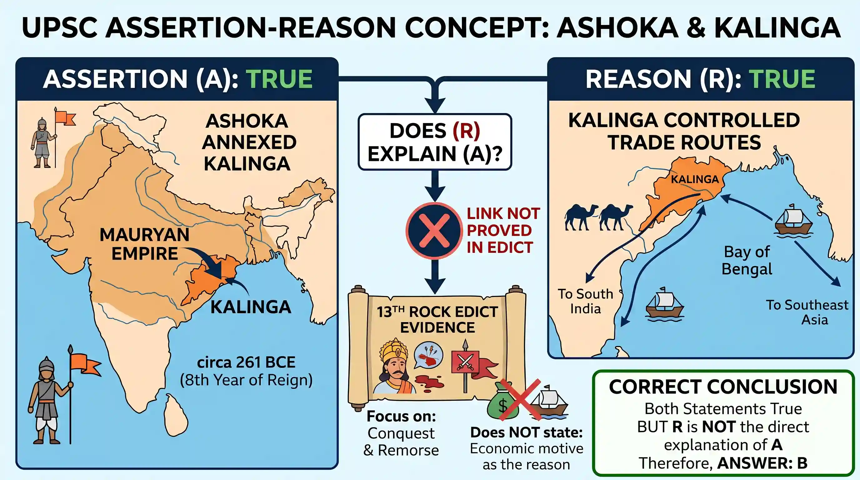 history: Assertion (A): Ashoka annexed Kalinga to the Mauryan Empire. Reason (R): Kalinga controlled the land and sea routes to S