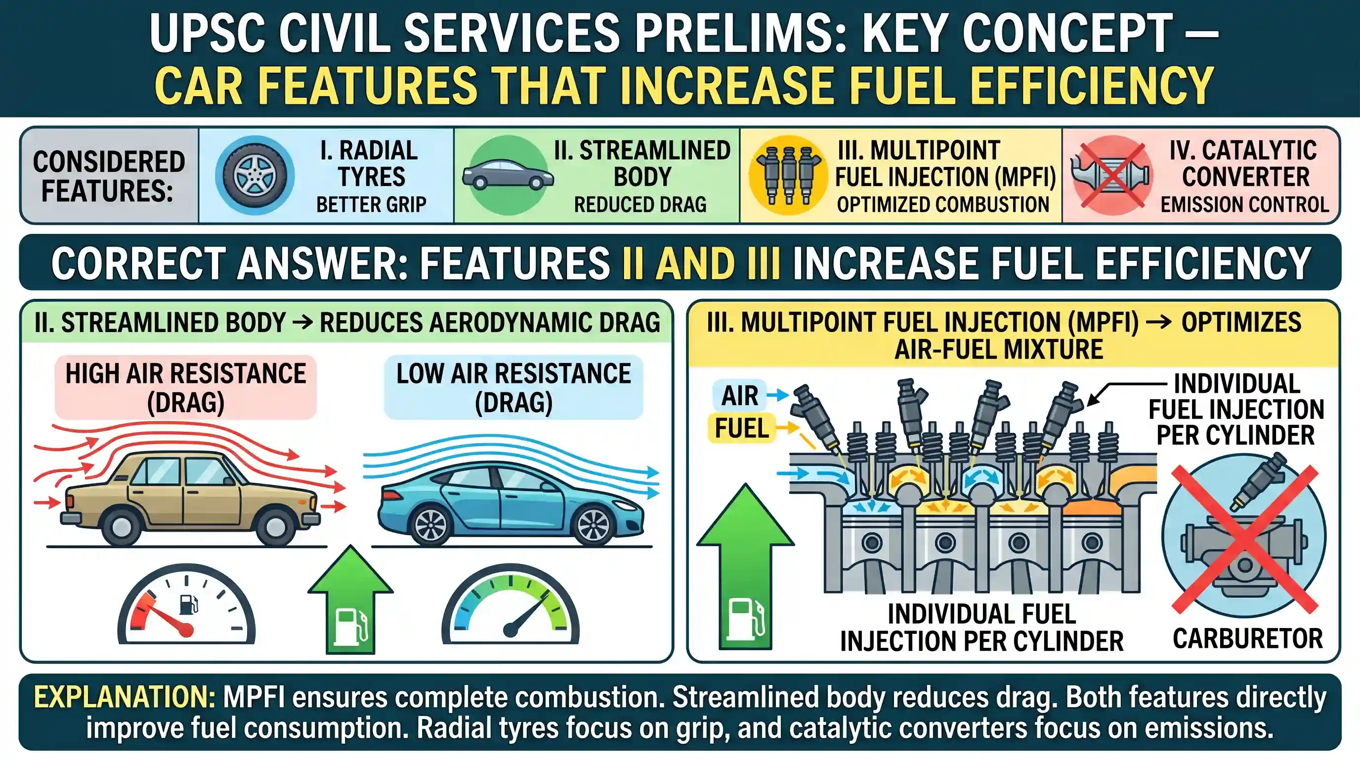 science-and-technology: Consider the following features of newer models of motor cars: I. Radial tyres II. Streamlined body III. Multipoint fuel