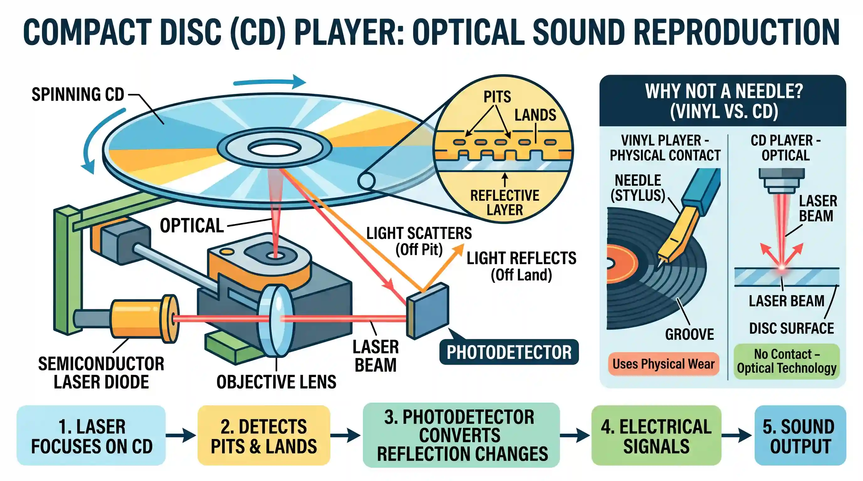 science-and-technology: For reproducing sound, a CD (Compact Disc) audio player uses a
