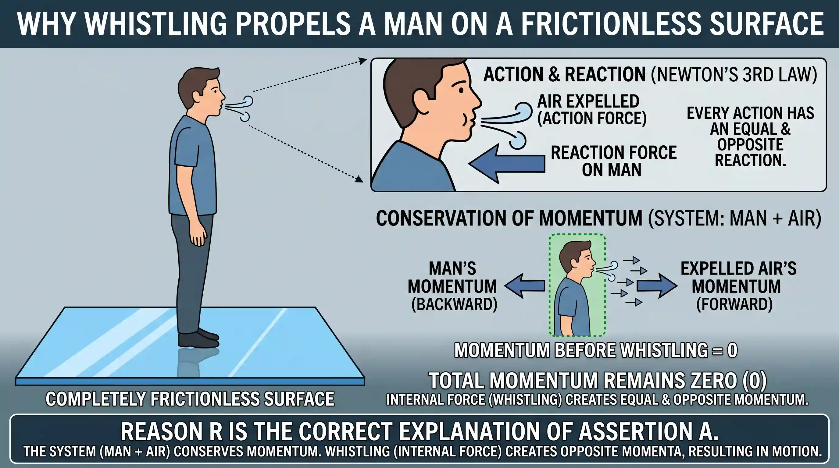 science-and-technology: Assertion (A): A man standing on a completely frictionless surface can propel himself by whistling. Reason (R): If no ex