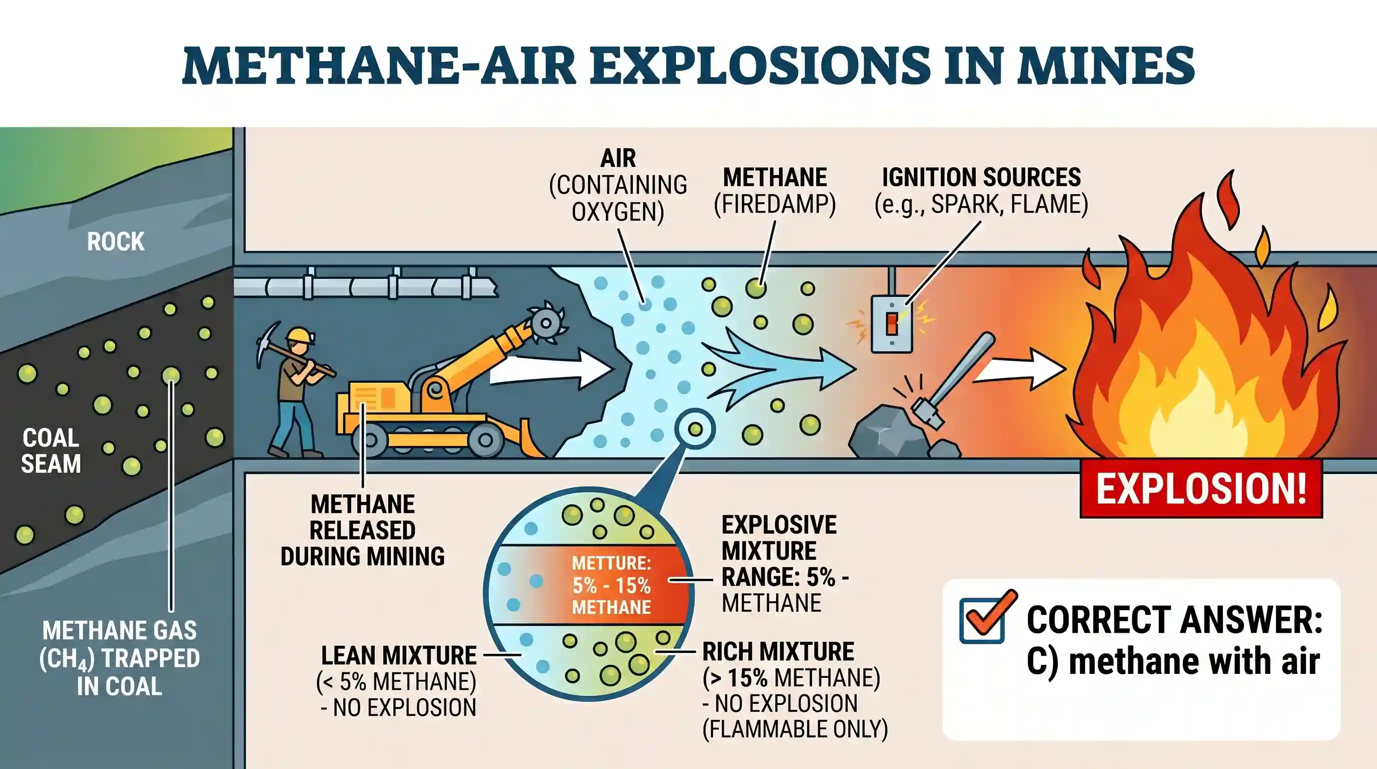 science-and-technology: Most of the explosions in mines occur due to the mixing of