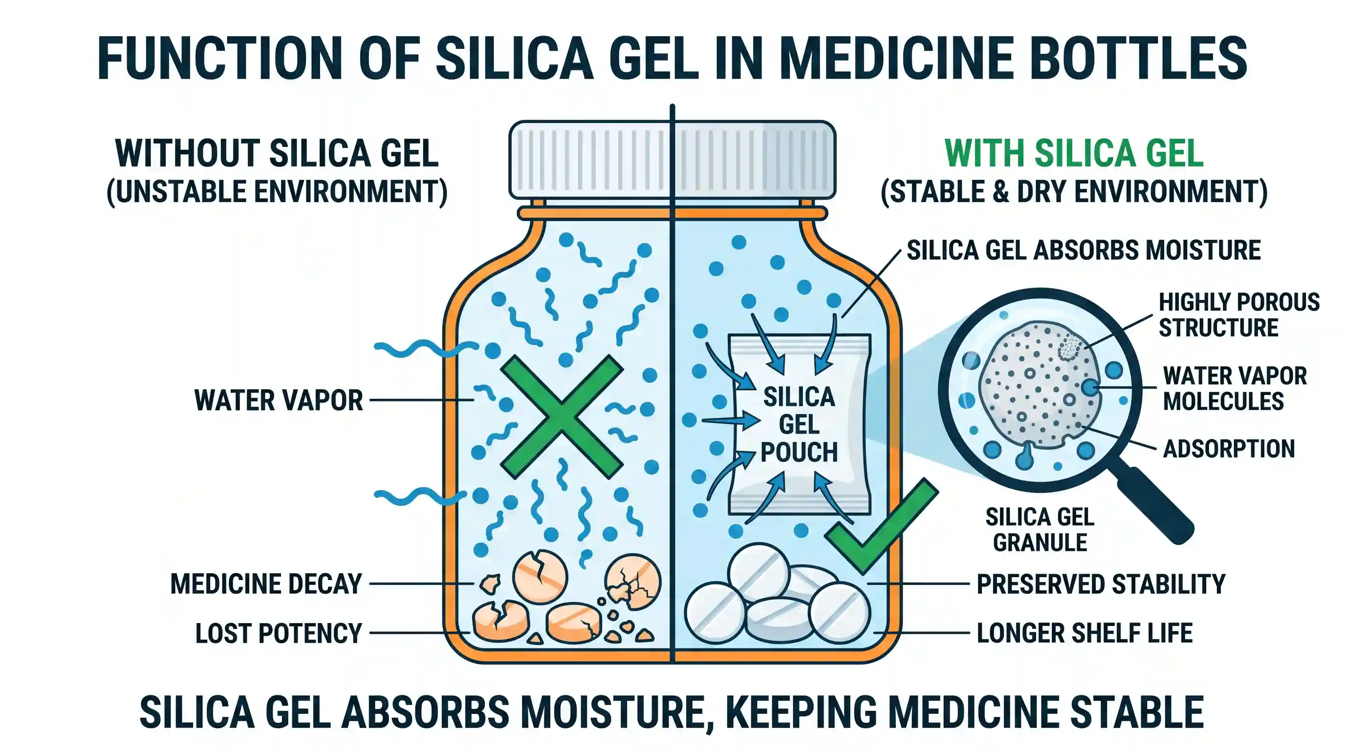 science-and-technology: A small pouch containing silica gel is often found in bottles of medicine in tablet or powder form because silica gel