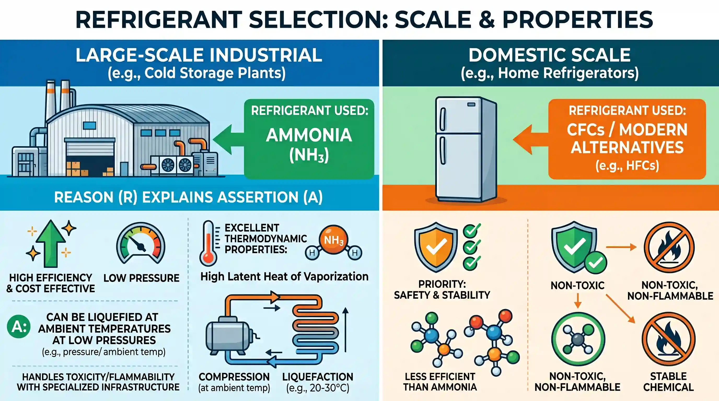science-and-technology: Assertion (A): Large cold storage plants use ammonia as refrigerant while domestic refrigerators use chlorofluorocarbons