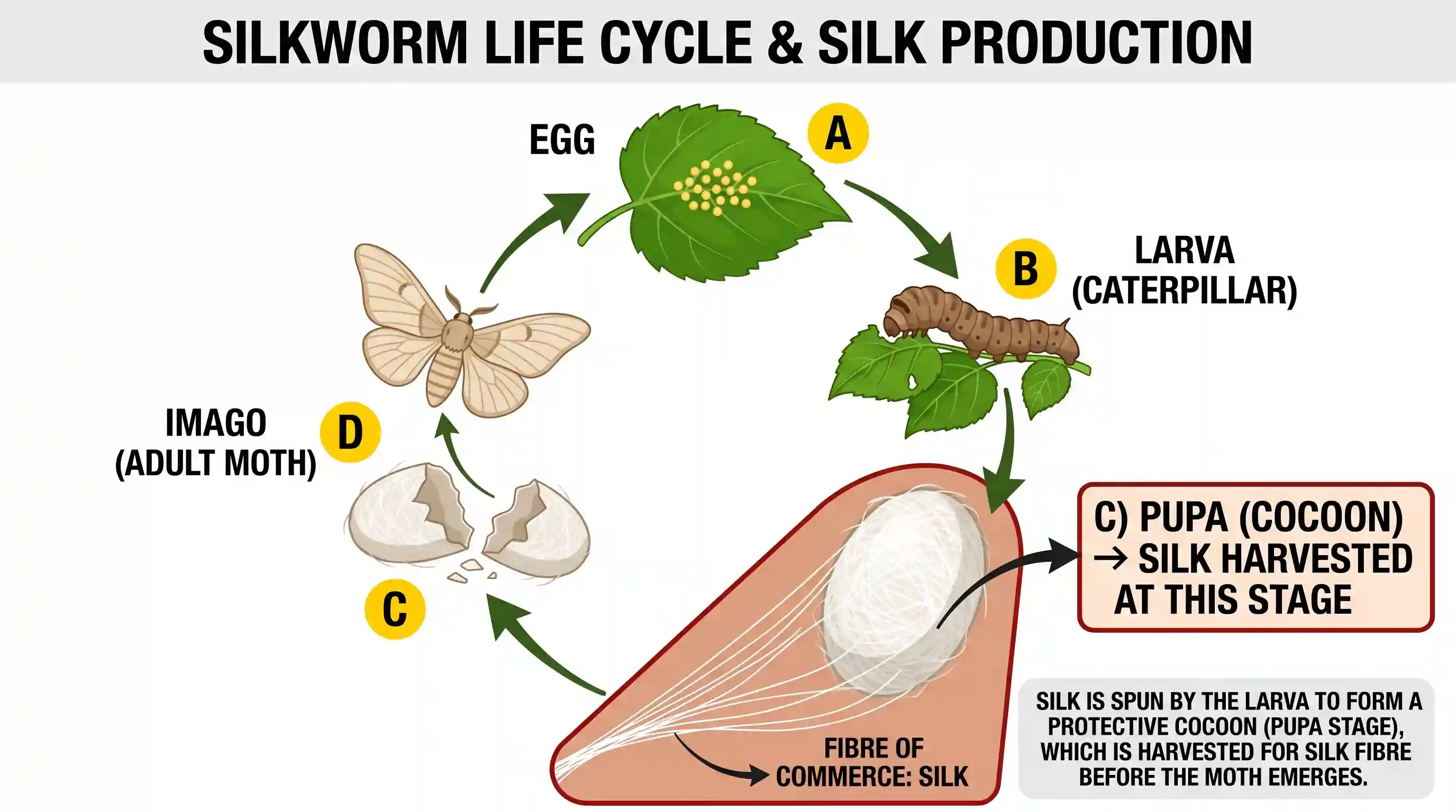 science-and-technology: At which stage in its life-cycle does the silkworm yield the fibre of commerce?