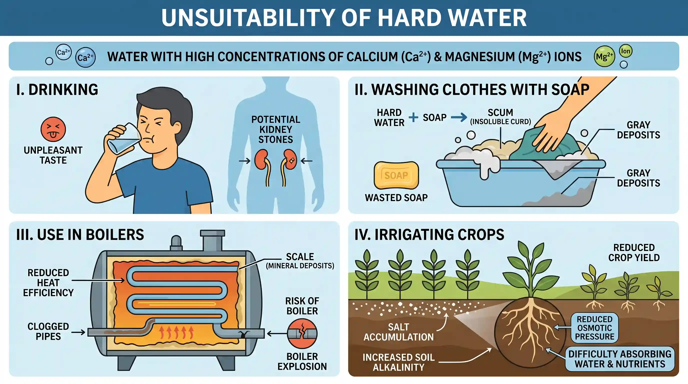 science-and-technology: Consider the following statements: Hard water is not suitable for I. drinking. II. washing clothes with soap. III. use i
