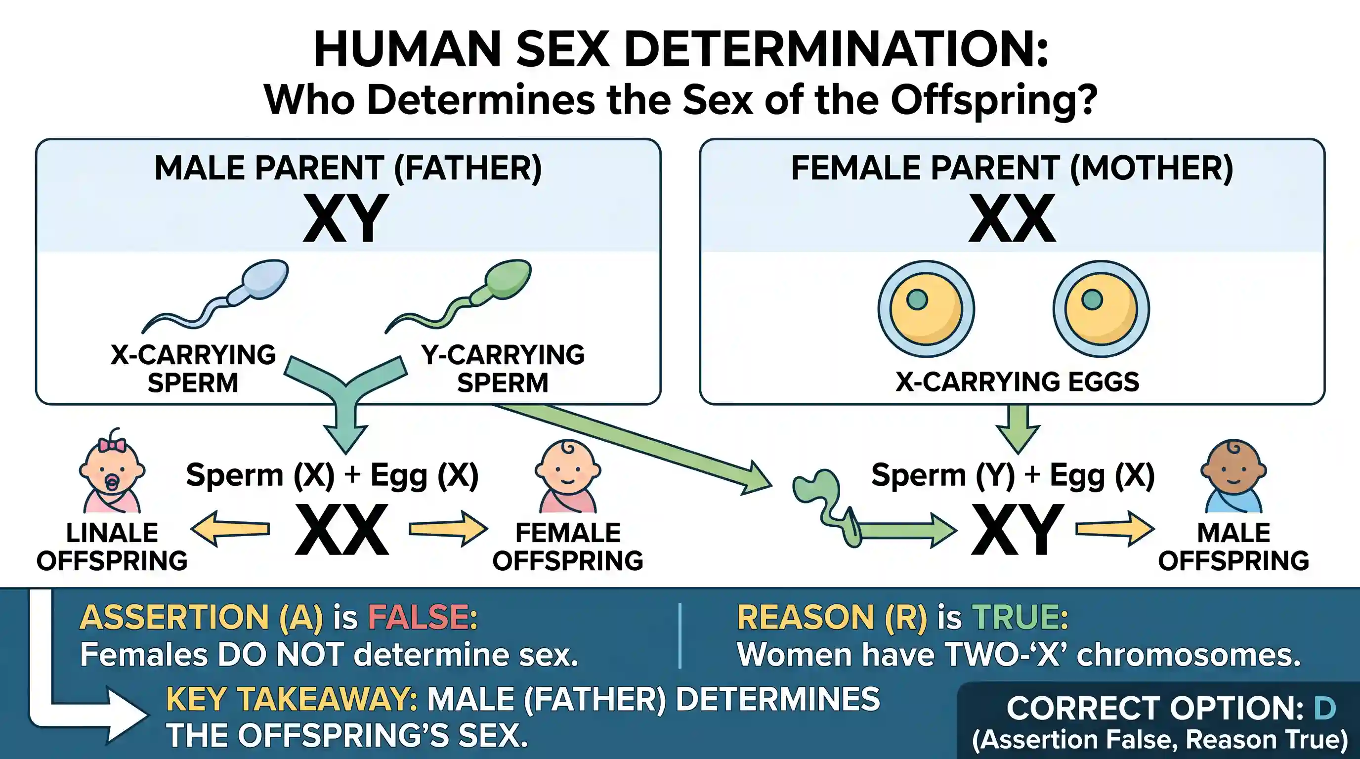 science-and-technology: Assertion (A): In human beings, the females play a major role in determining the sex of the offspring. Reason (R): Women
