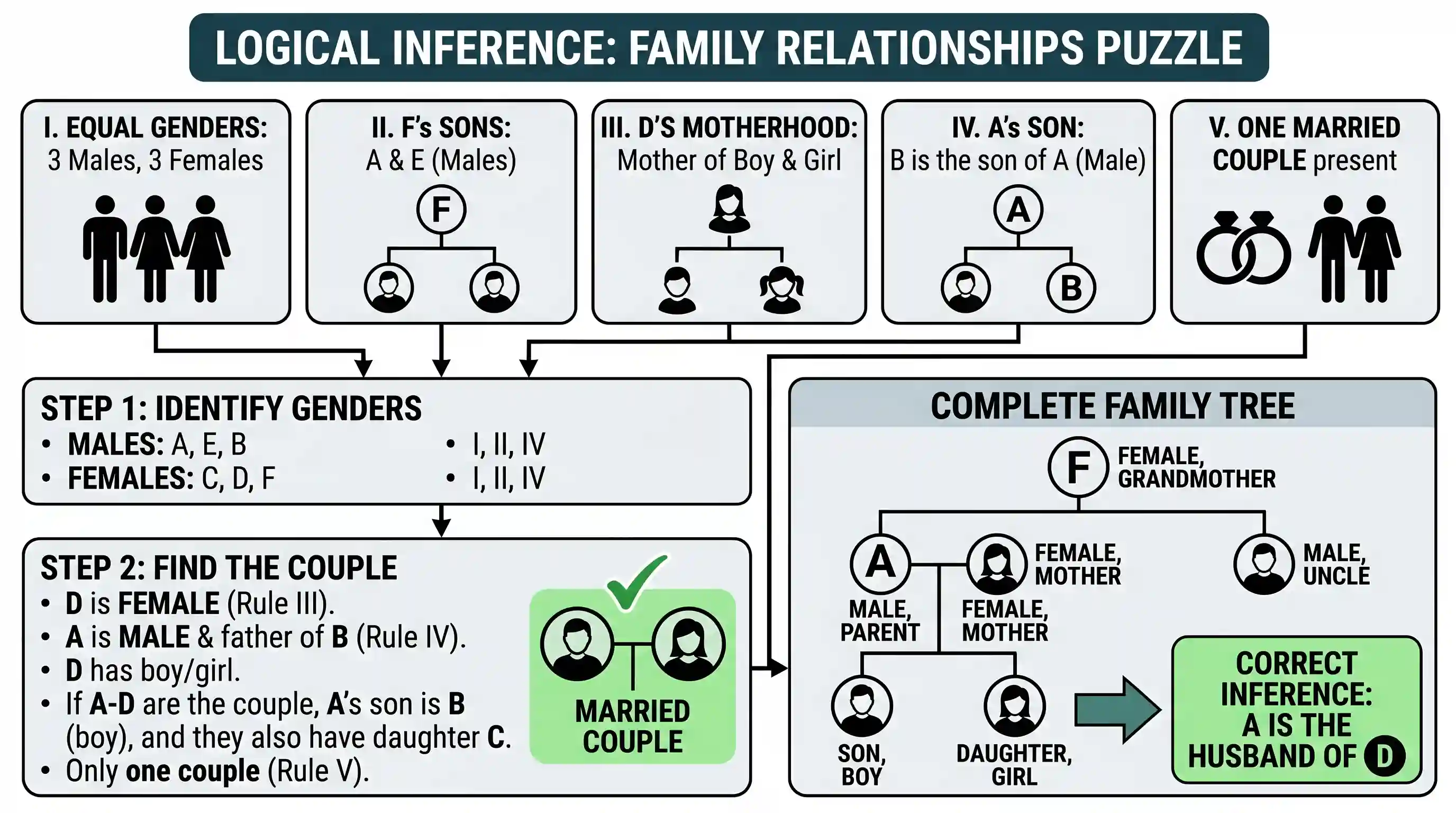 polity-and-governance: Examine the following relationships among members of a family of six persons A, B, C, D, E and F. I. The number of males