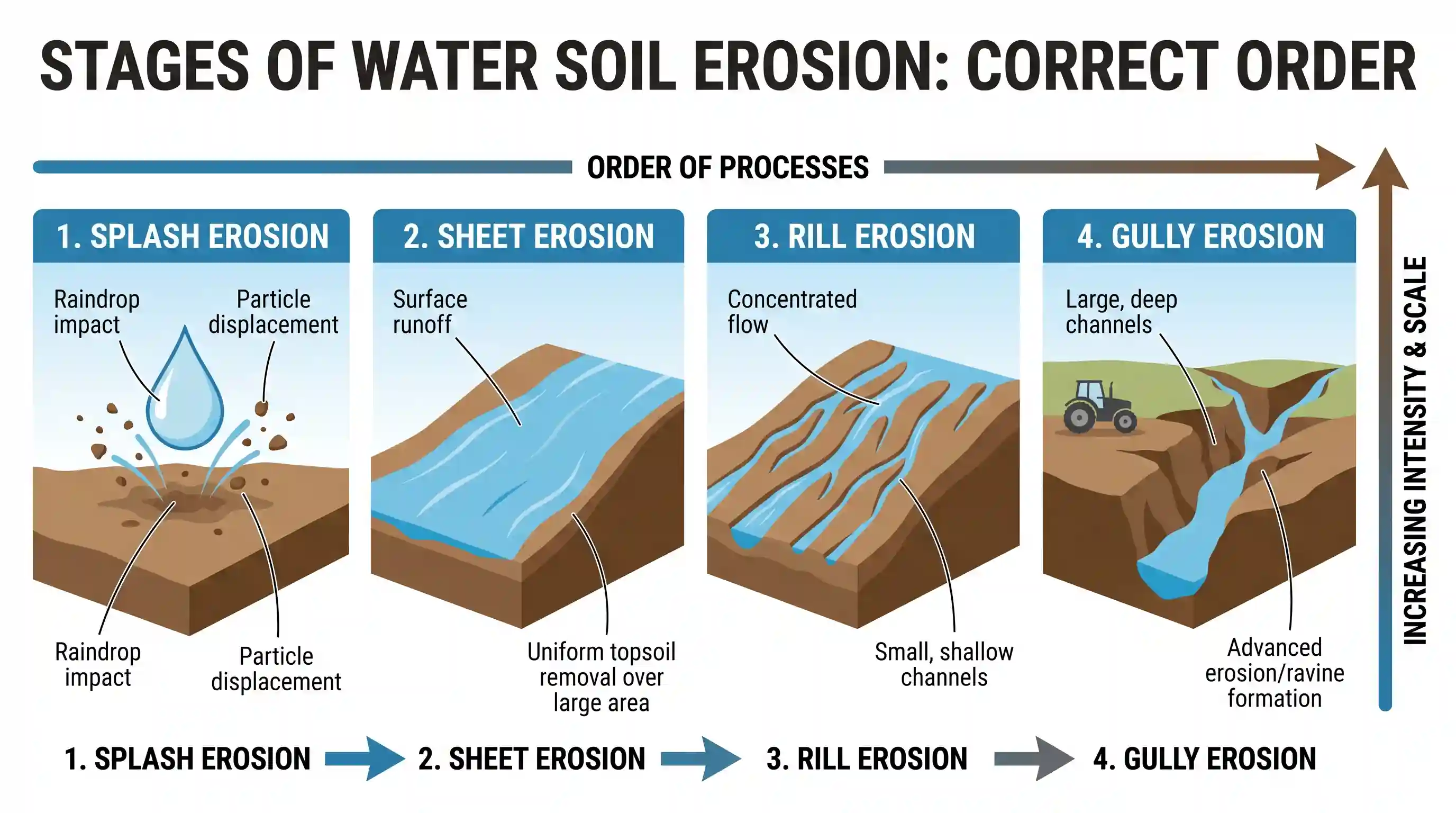 geography: Identify the correct order of the processes of soil erosion from the following