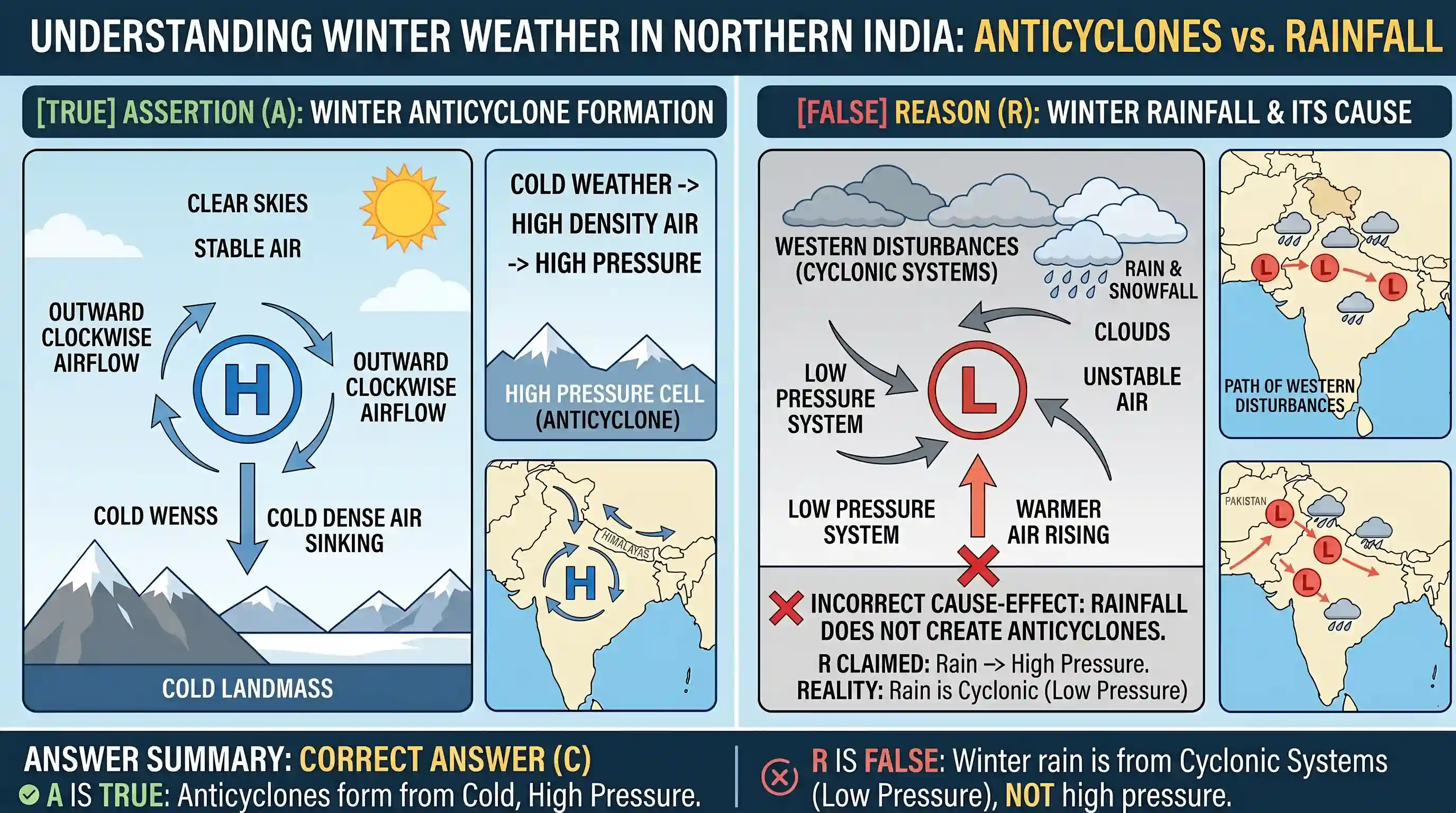geography: Assertion (A): Anti-cyclonic conditions are formed in winter season when atmospheric pressure is high and air temperatur
