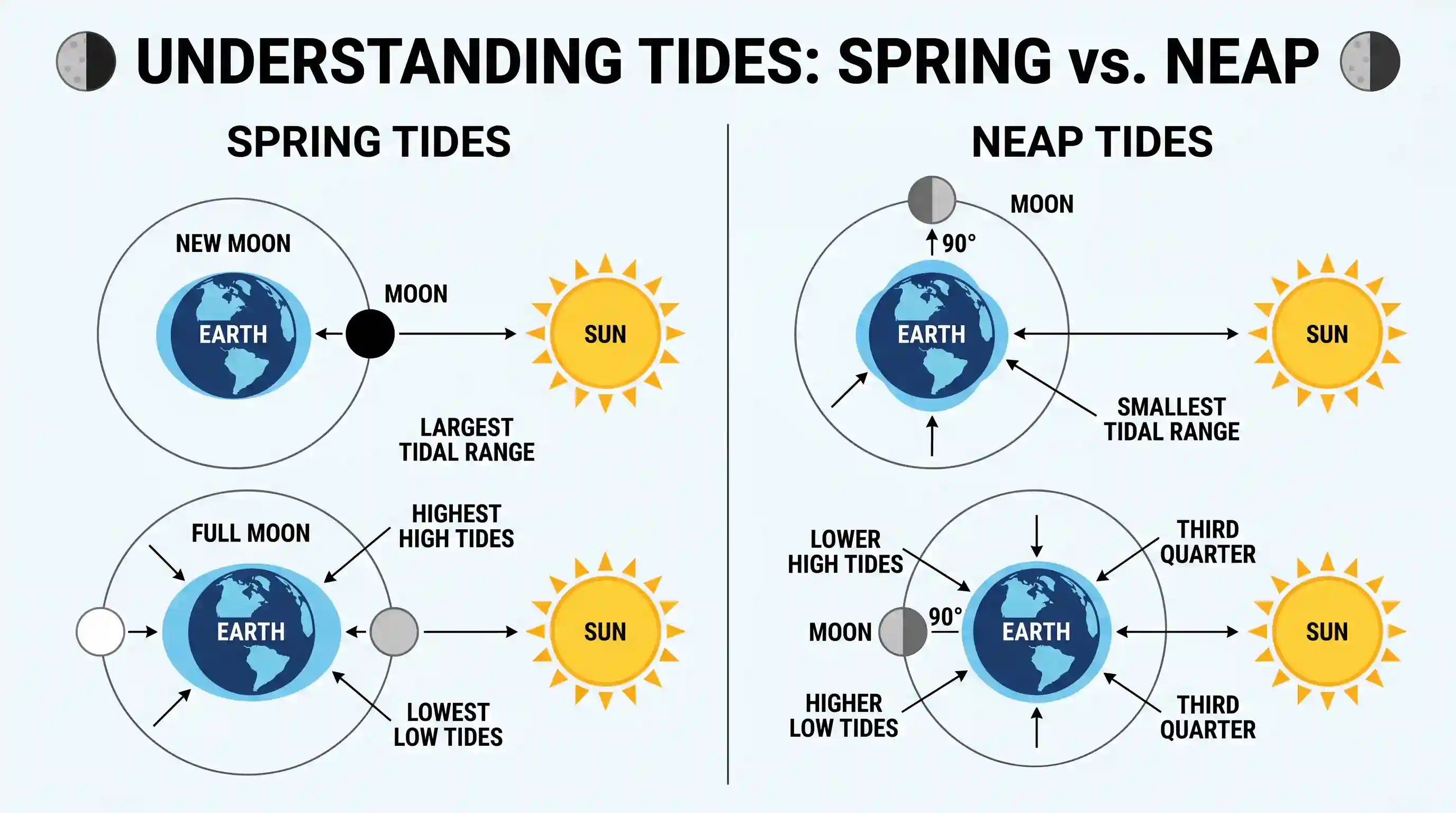 geography: Assertion (A): During the Neap Tides, the high tide is lower and the low tide is higher than usual. Reason (R): The Neap
