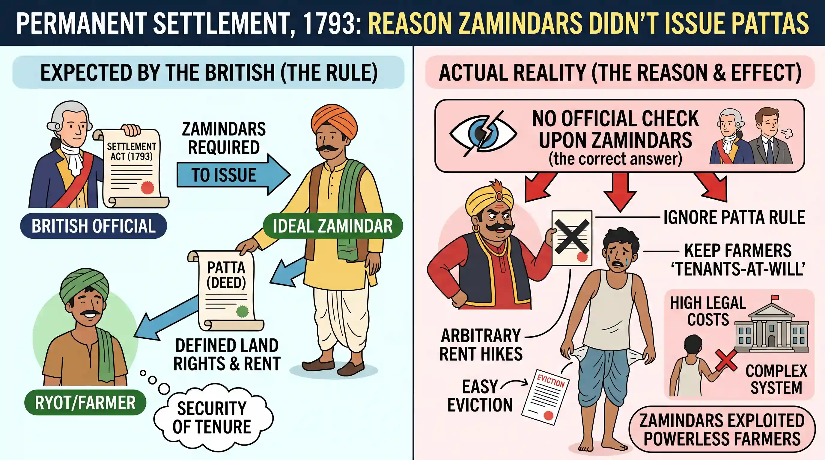 history: Under the Permanent Settlement, 1793, the zamindars were required to issue pattas to the farmers which were not issued b
