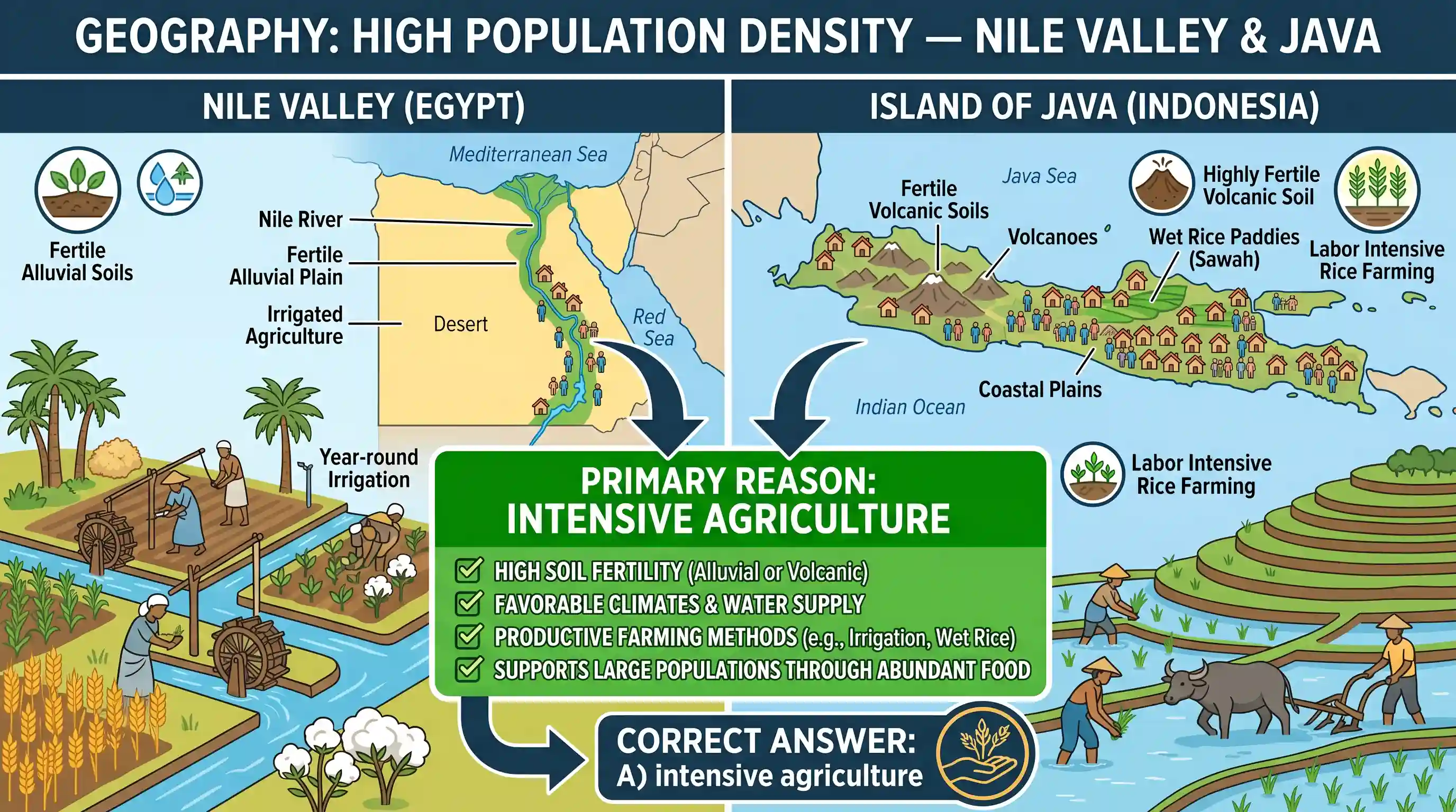 geography: The high density of population in Nile Valley and Island of Java is primarily due to