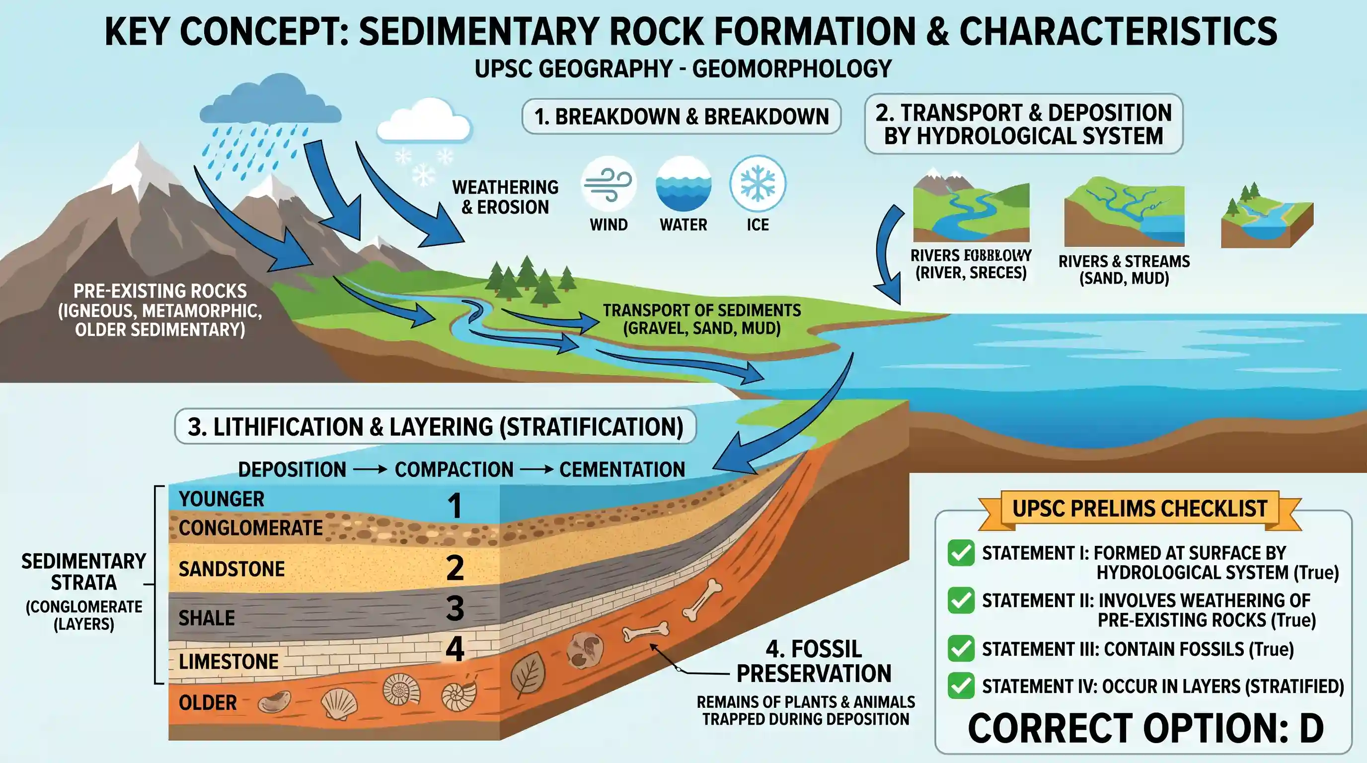 geography: Consider the following statements made about the sedimentary rocks: I. Sedimentary rocks are formed at Earth’s surface b