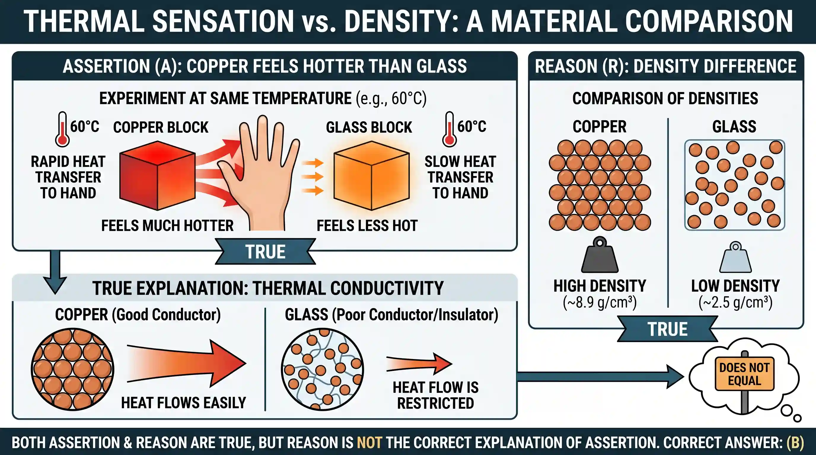 science-and-technology: Assertion (A): A piece of copper and a piece of glass are heated to the same temperature. When touched, thereafter, the