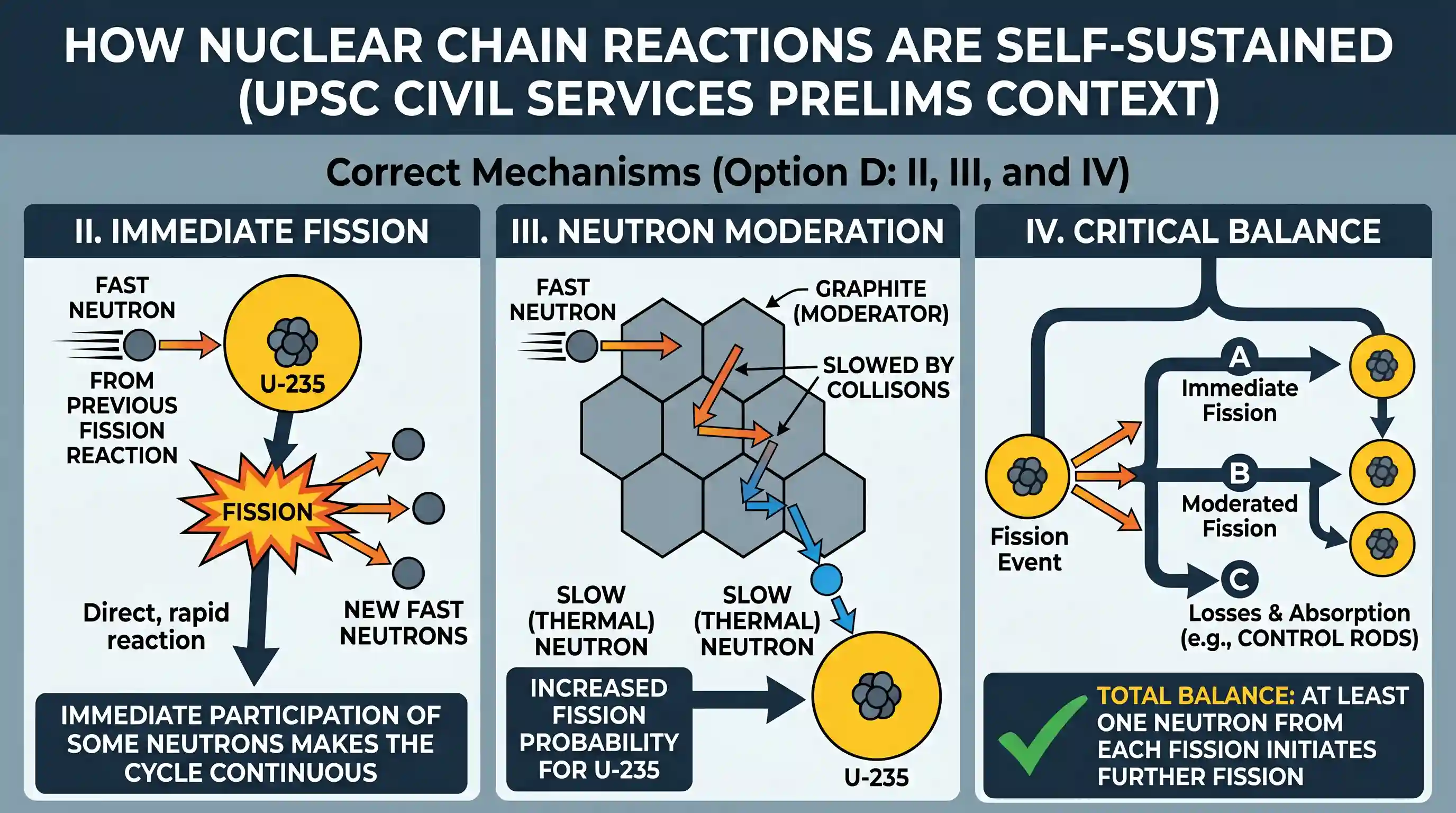 science-and-technology: Consider the following statements: In a nuclear reactor, self-sustained chain reaction is possible, because I. more neut