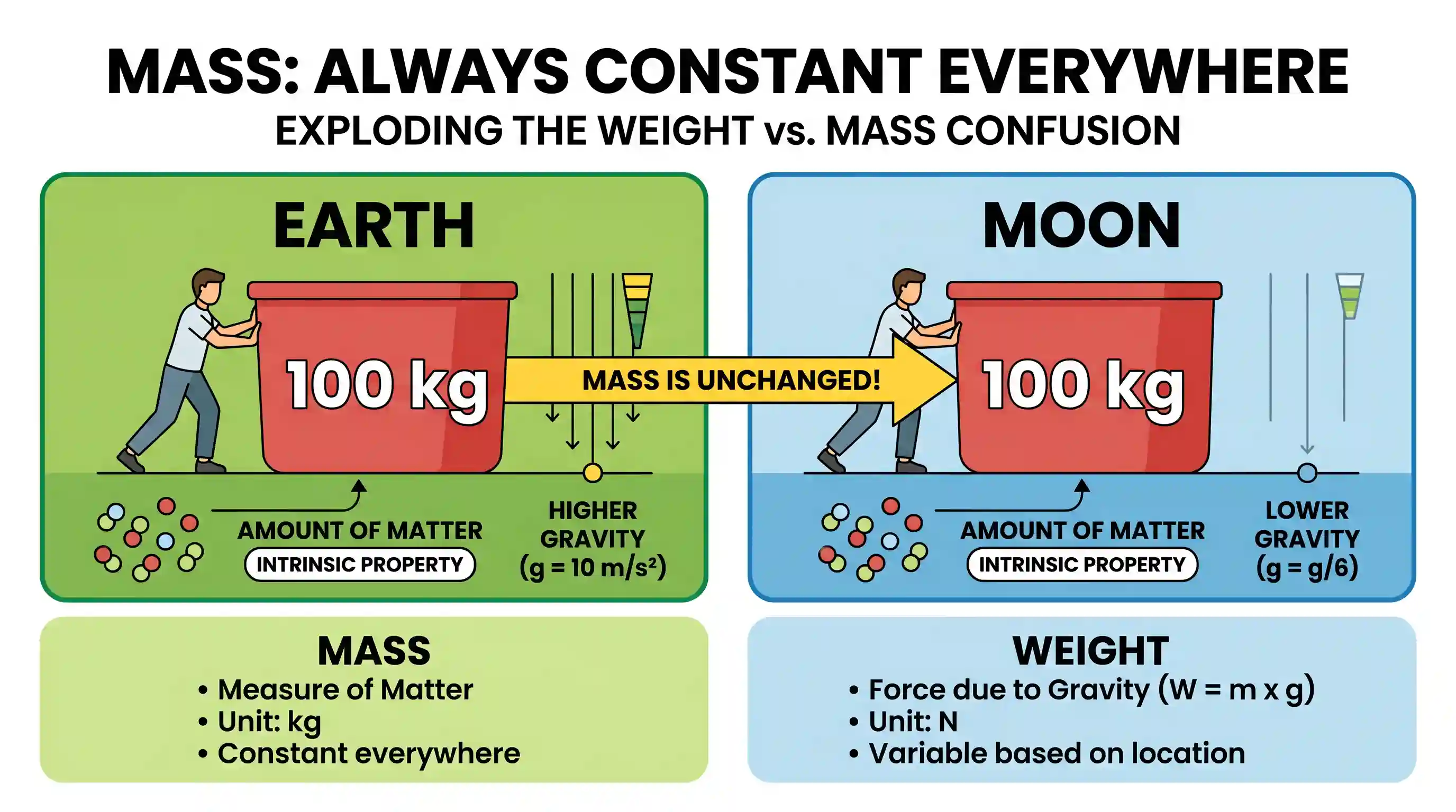 science-and-technology: The mass of a body on Earth is 100 kg (acceleration due to gravity, ge - 10 m/s²). If acceleration due to gravity on the