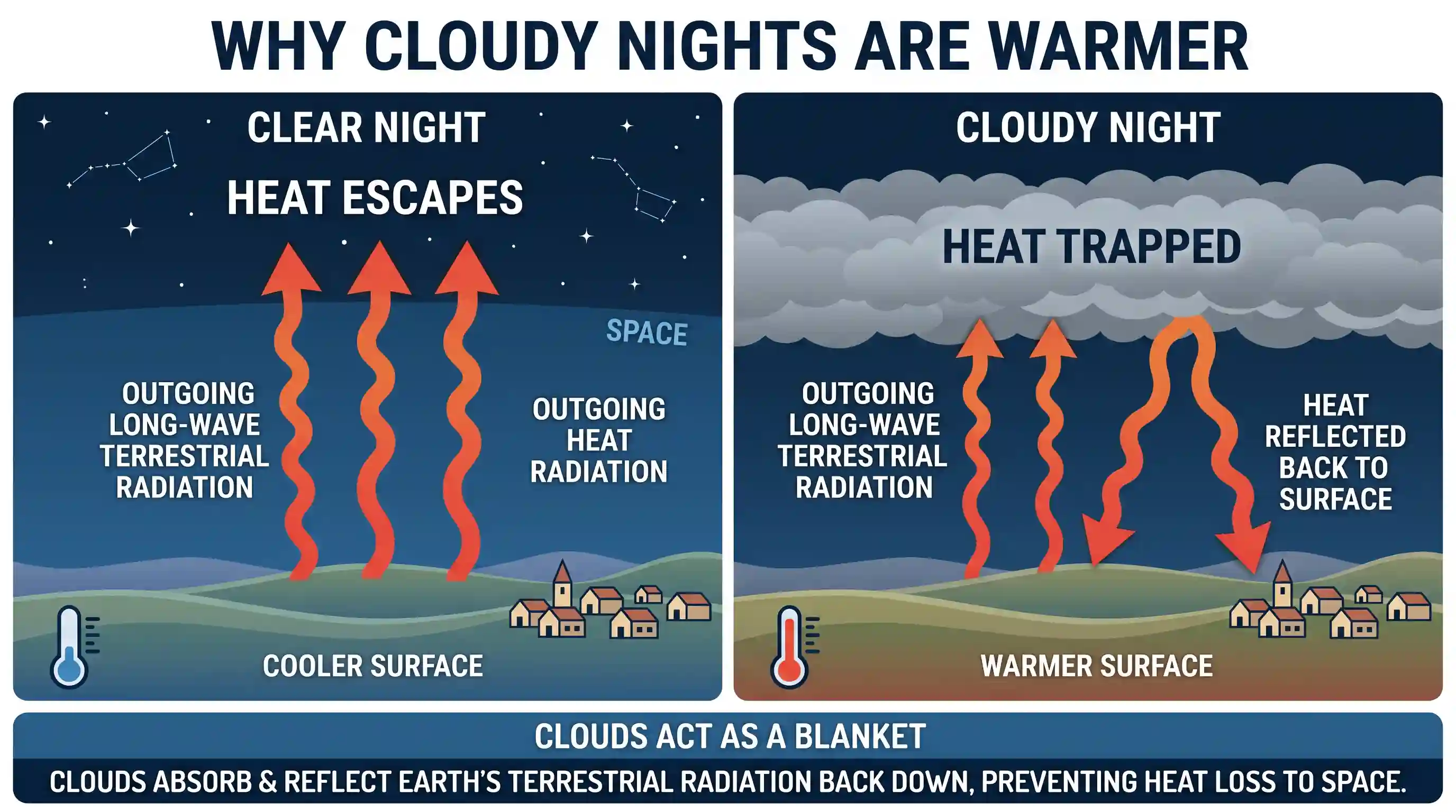 geography: Cloudy nights are warmer compared to clear cloudless nights, because clouds