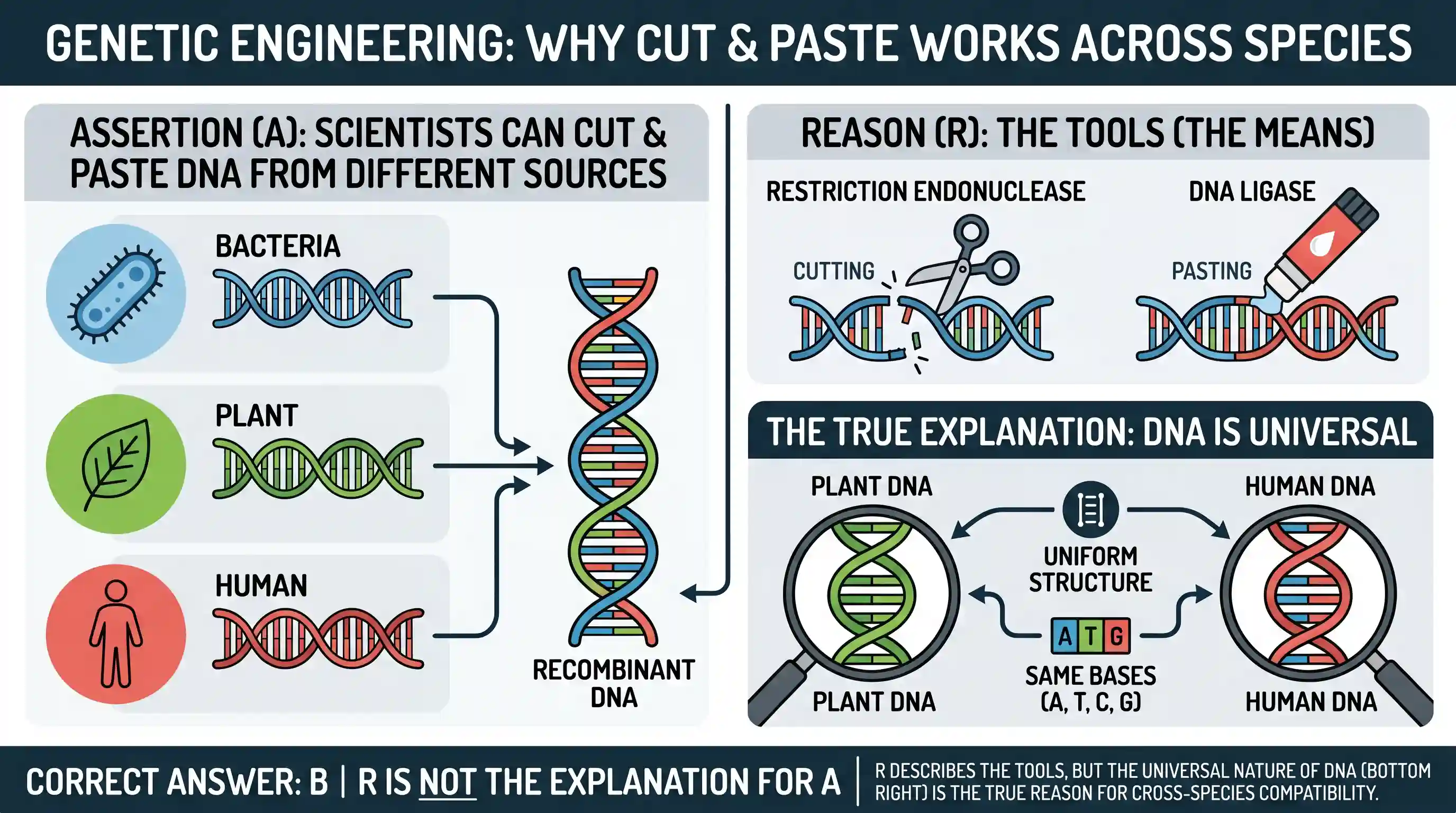 science-and-technology: Assertion (A): Scientists can cut apart and paste together DNA molecules at will, regardless of the source of the molecu