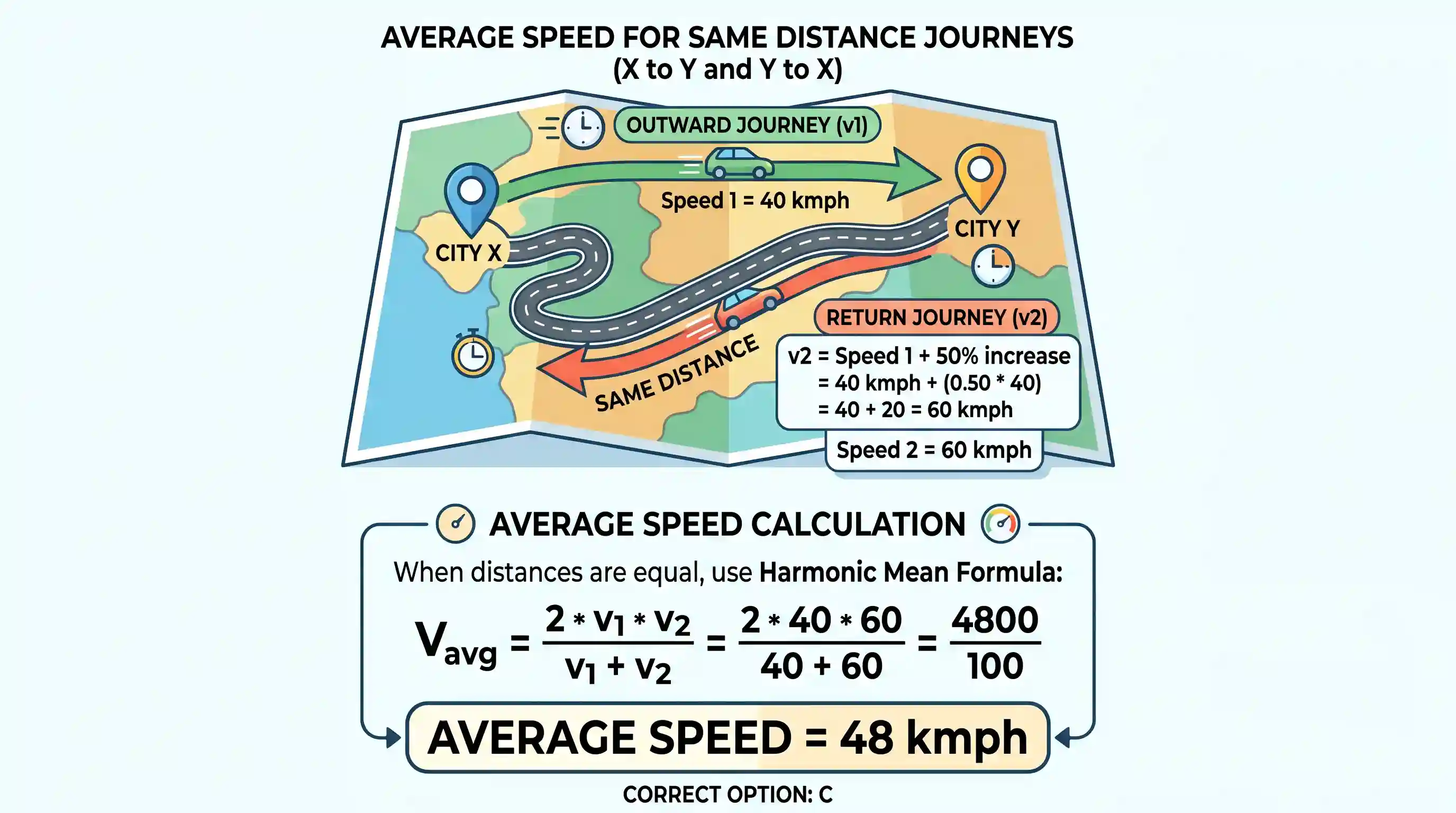 geography: A person travels from X to Y at a speed of 40 kmph and returns by increasing his speed by 50%. What is his average speed