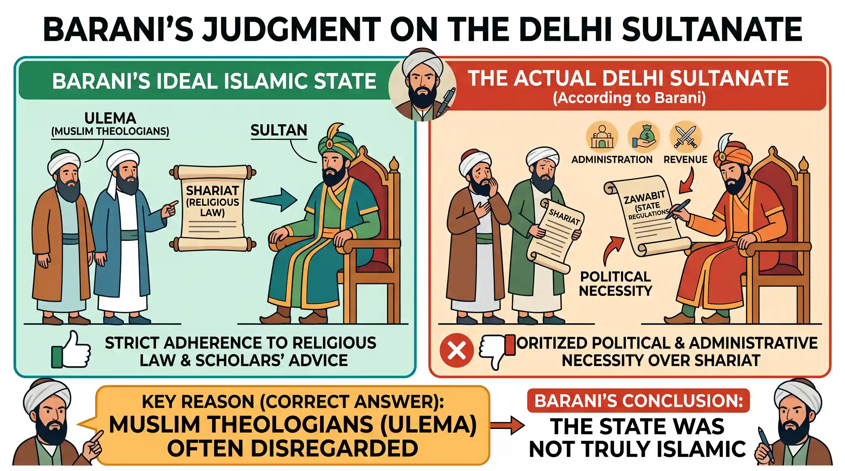 history: The historian Barani refused to consider the state in India under Delhi Sultans as truly Islamic because