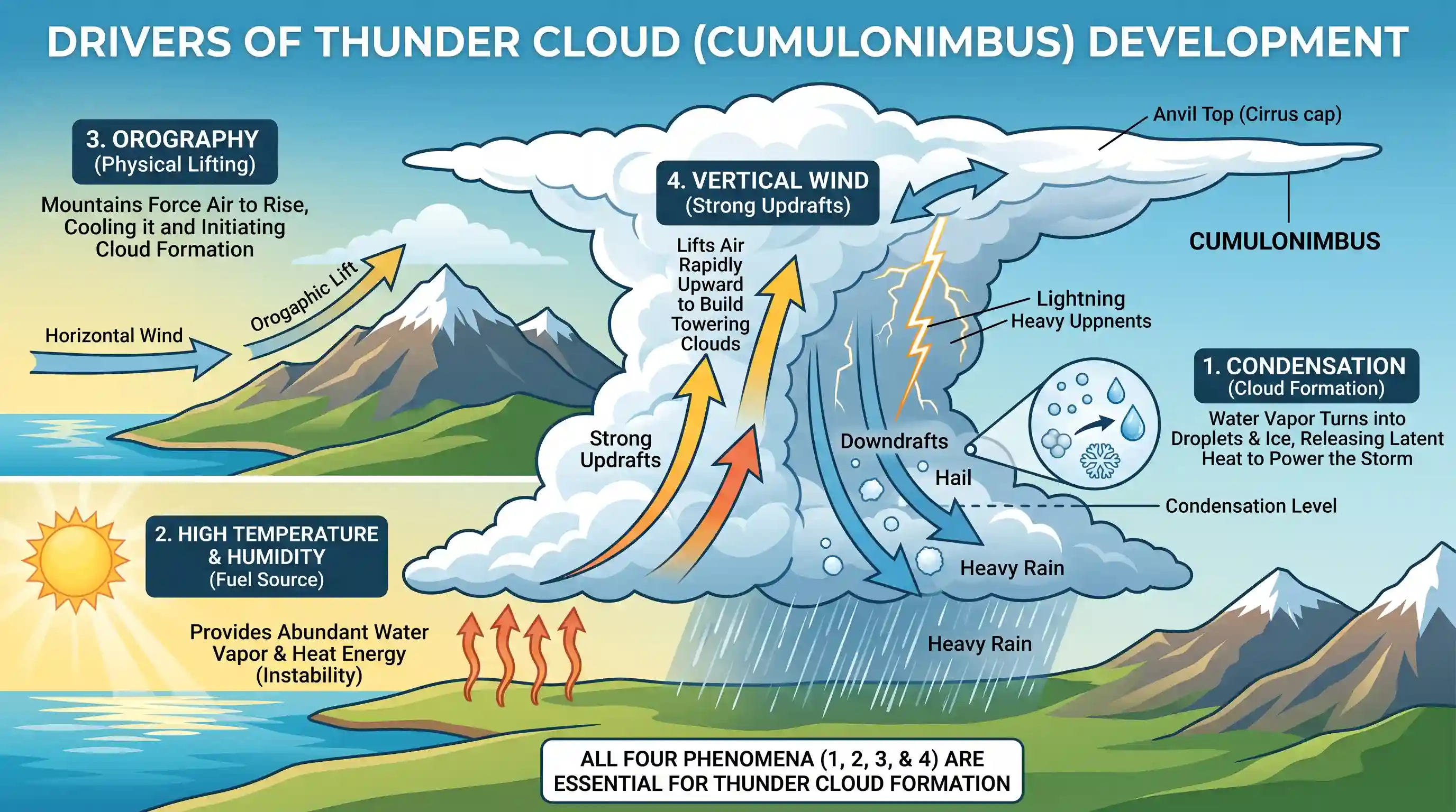 geography: Consider the following climatic and geographical phenomena: 1. Condensation 2. High temperature and humidity 3. Orograph