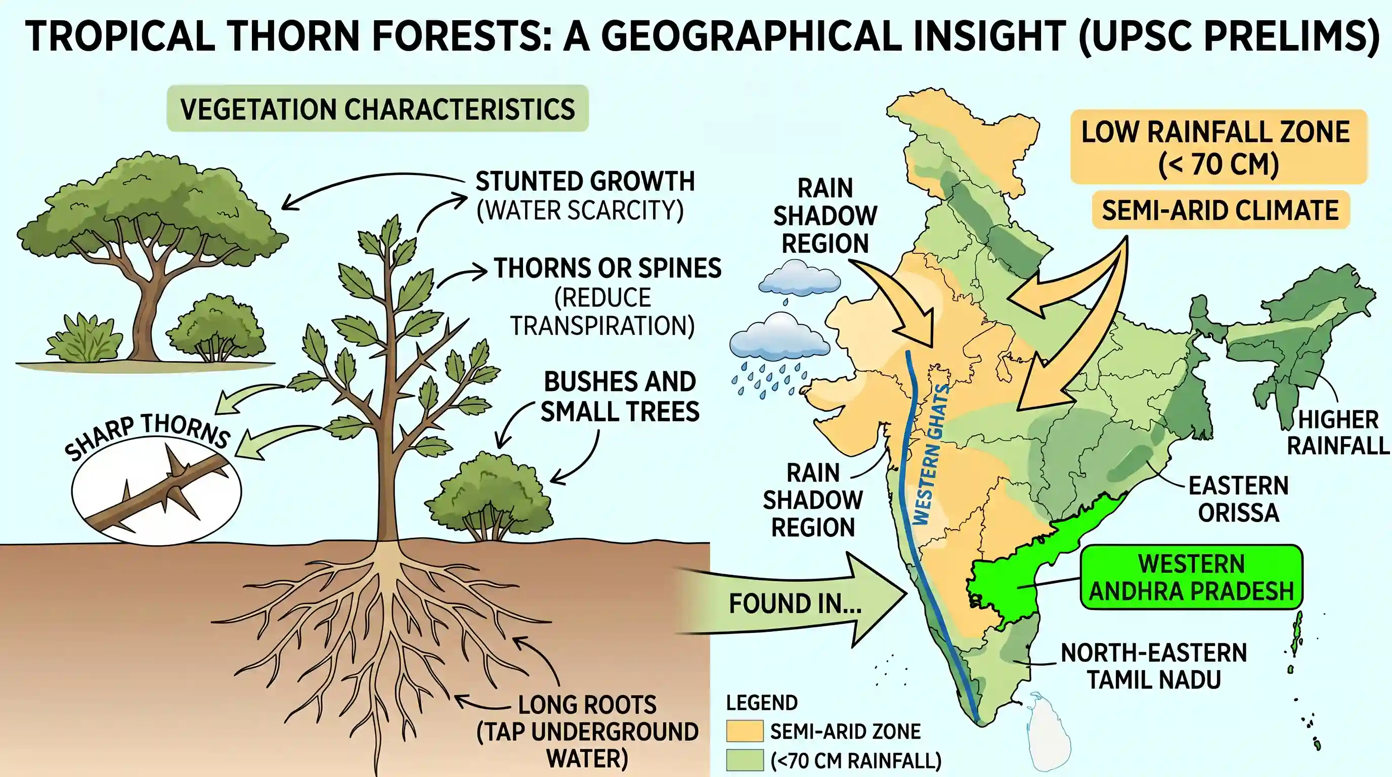 geography: Open stunted forests with bushes and small trees having long roots and sharp thorns or spines are commonly found in