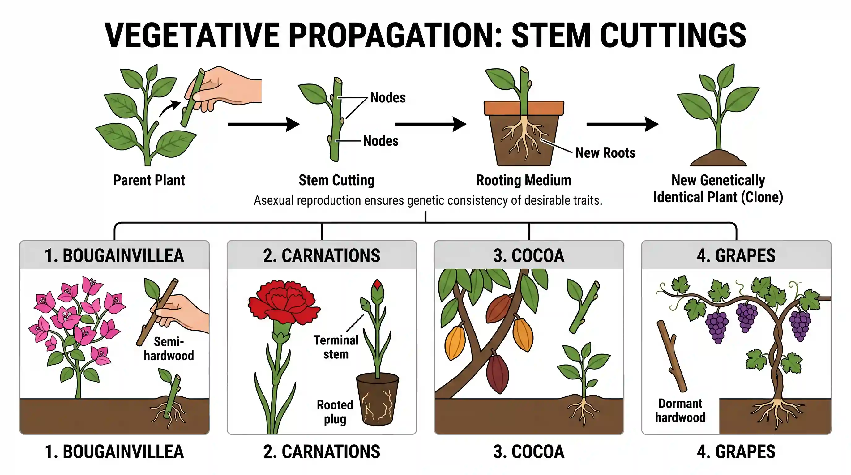 science-and-technology: Consider the following plants: 1. Bougainvillea 2. Carnations 3. Cocoa 4. Grapes Which of these plants are propagated by
