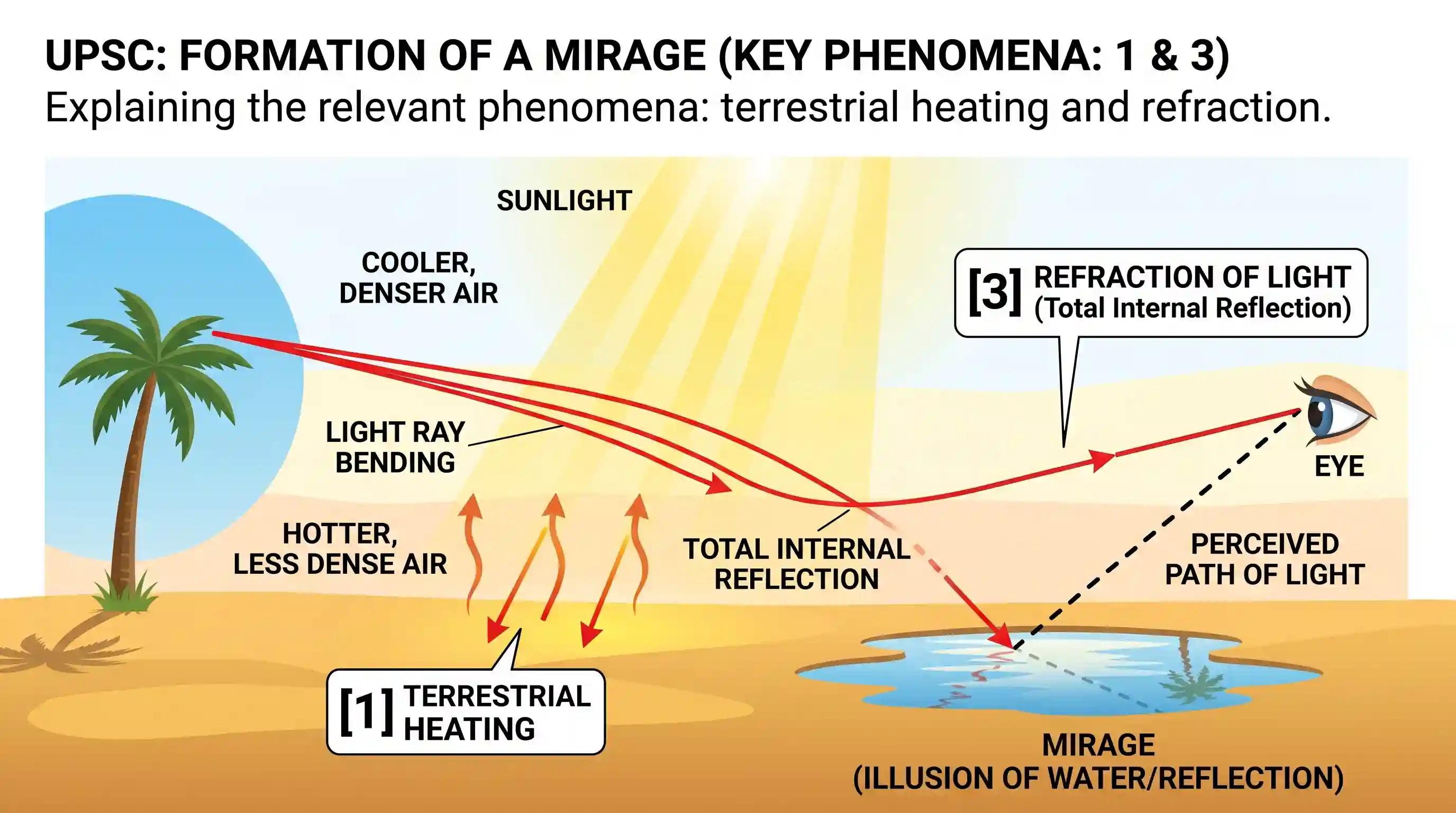geography: Consider the following natural phenomena: 1. Terrestrial heating 2. Reflection of light 3. Refraction of light 4. Diffra