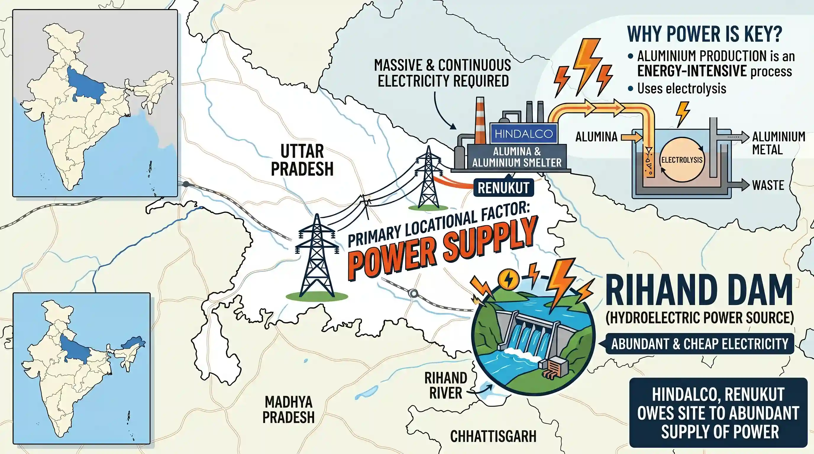 geography: HINDALCO, an aluminium factory located at Renukut owes its site basically to