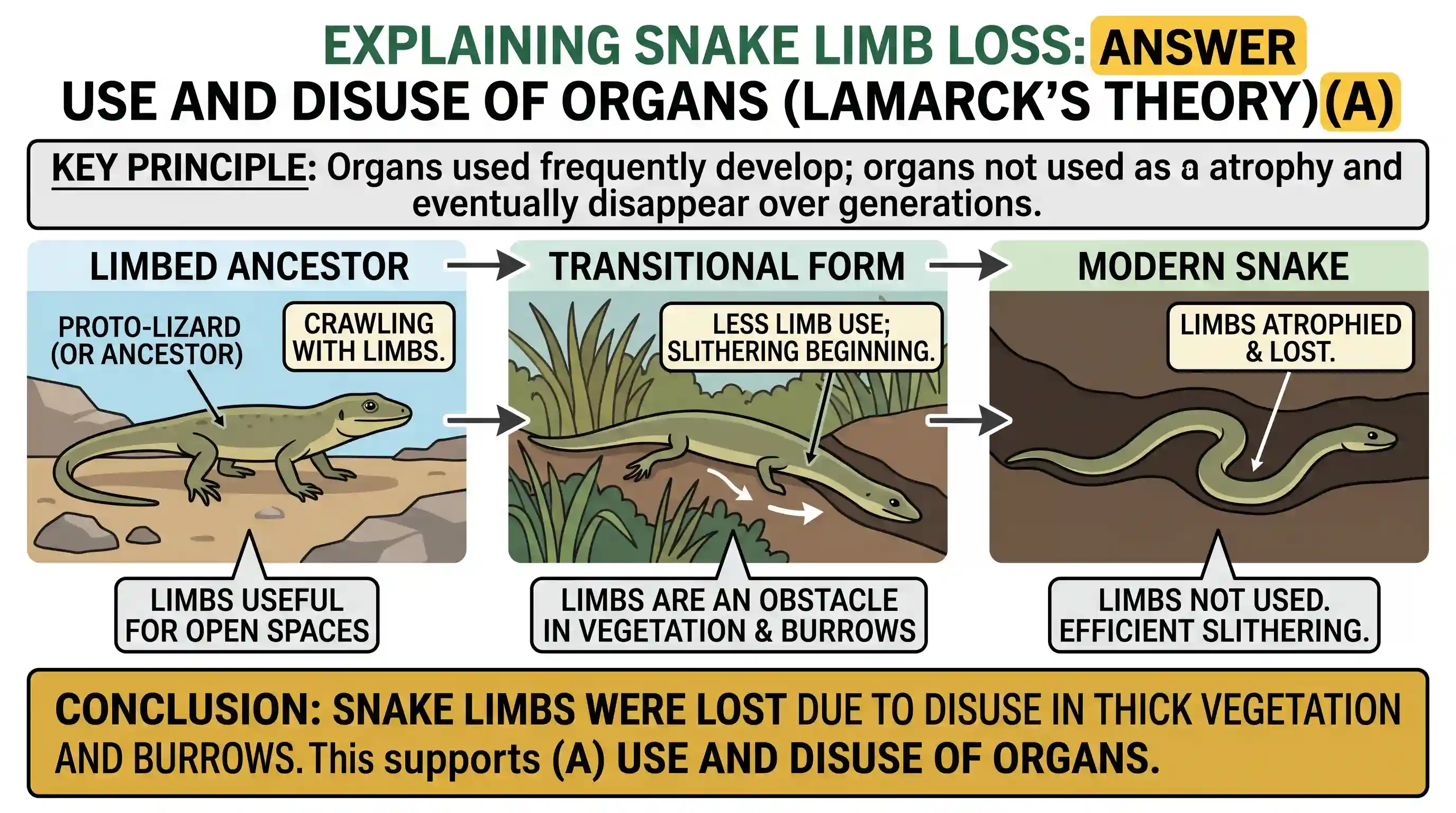 science-and-technology: In the context of the organic evolution, the loss of limbs of snakes is explained by the phenomenon of