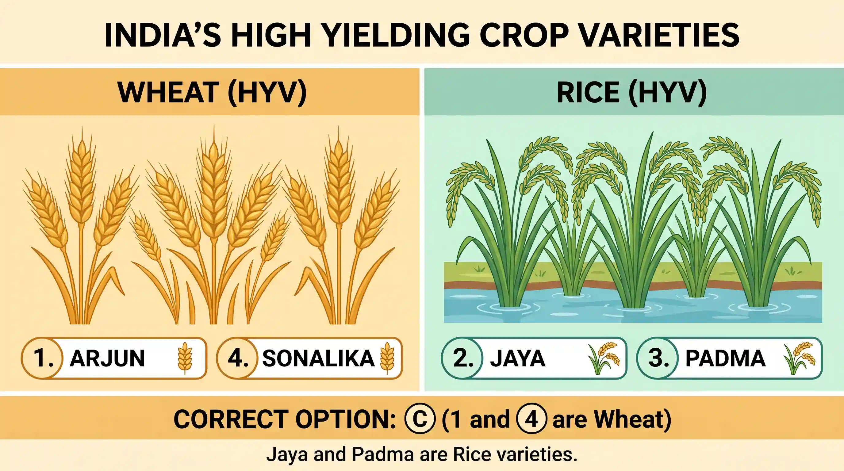 geography: Consider the following high yielding varieties of crops in India: 1. Arjun 2. Jaya 3. Padma 4. Sonalika Which of these a