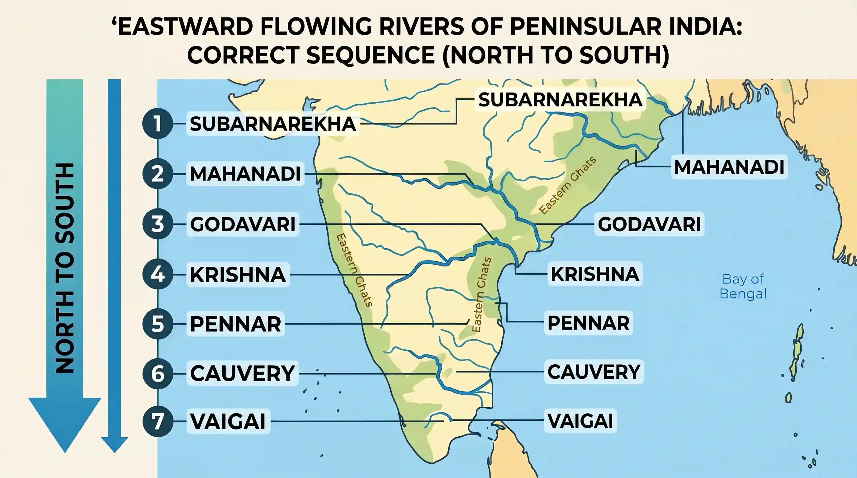 geography: The correct sequence of the eastward flowing rivers of the peninsular India from north to south is
