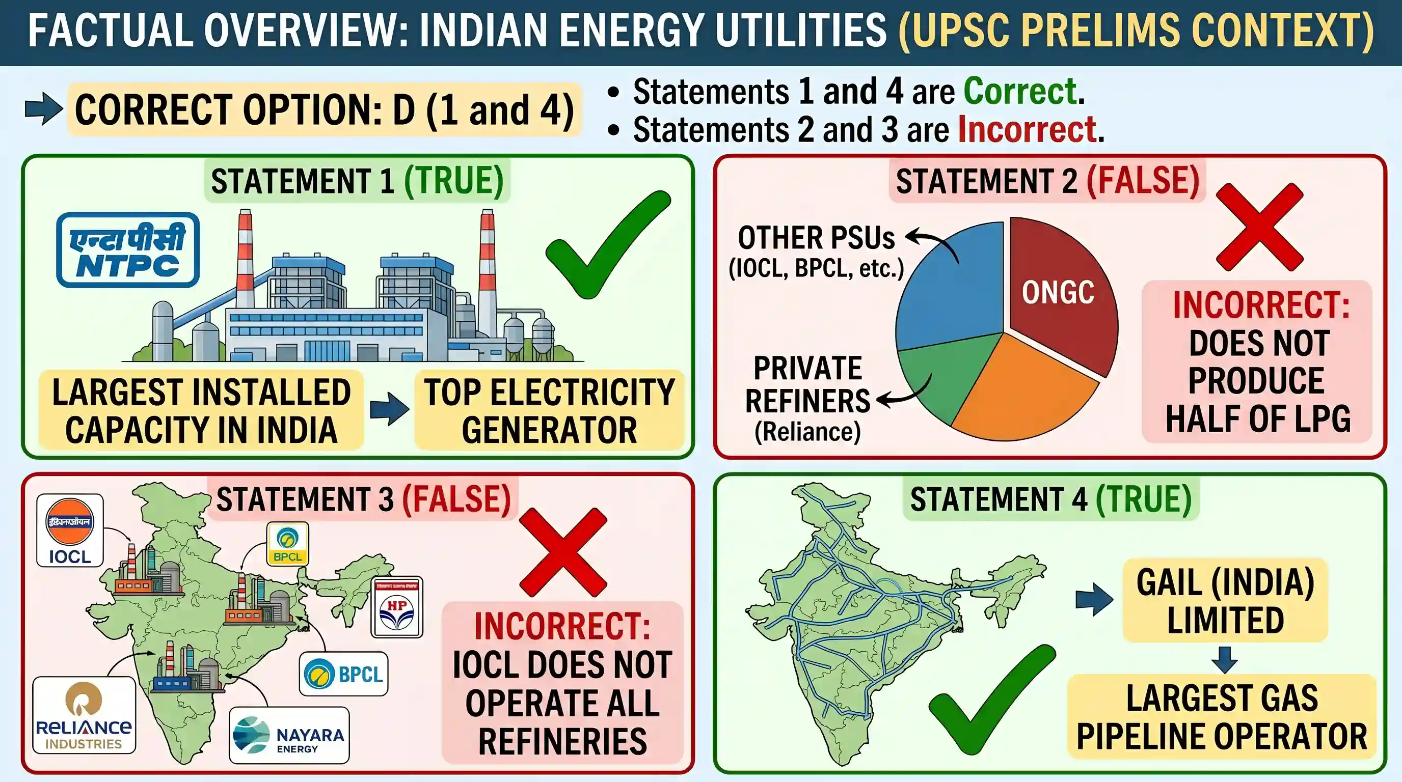 economy: Consider the following statements: 1. NTPD is the largest power utility in India. 2. ONGC accounts for half of the LPG p