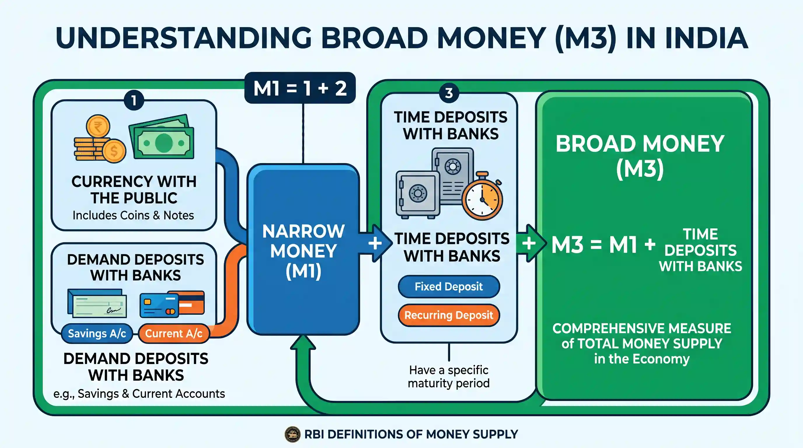 economy: Consider the following: 1. Currency with the public 2. Demand deposits with banks 3. Time deposits with banks Which of t